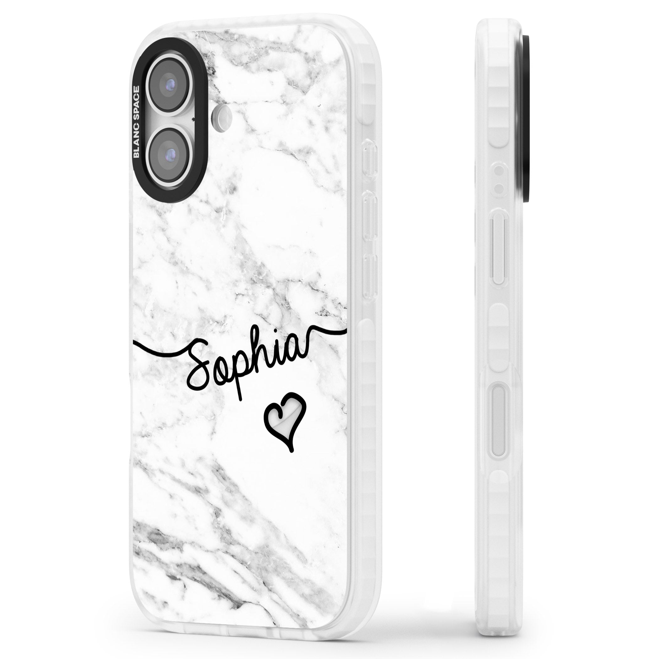 Personalised White Marble Heart iPhone 17 Impact Clear Phone Case Side Profile