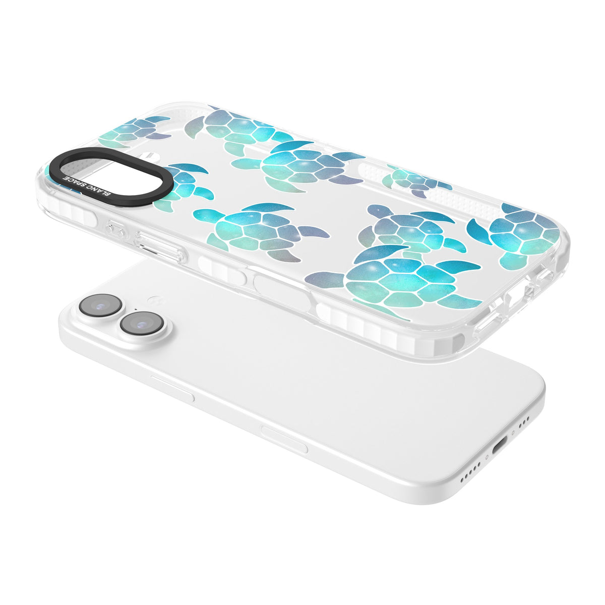 Aqua Space Turtles iPhone 16 / iPhone 16 Plus / iPhone 17 Impact Clear Phone Case angled