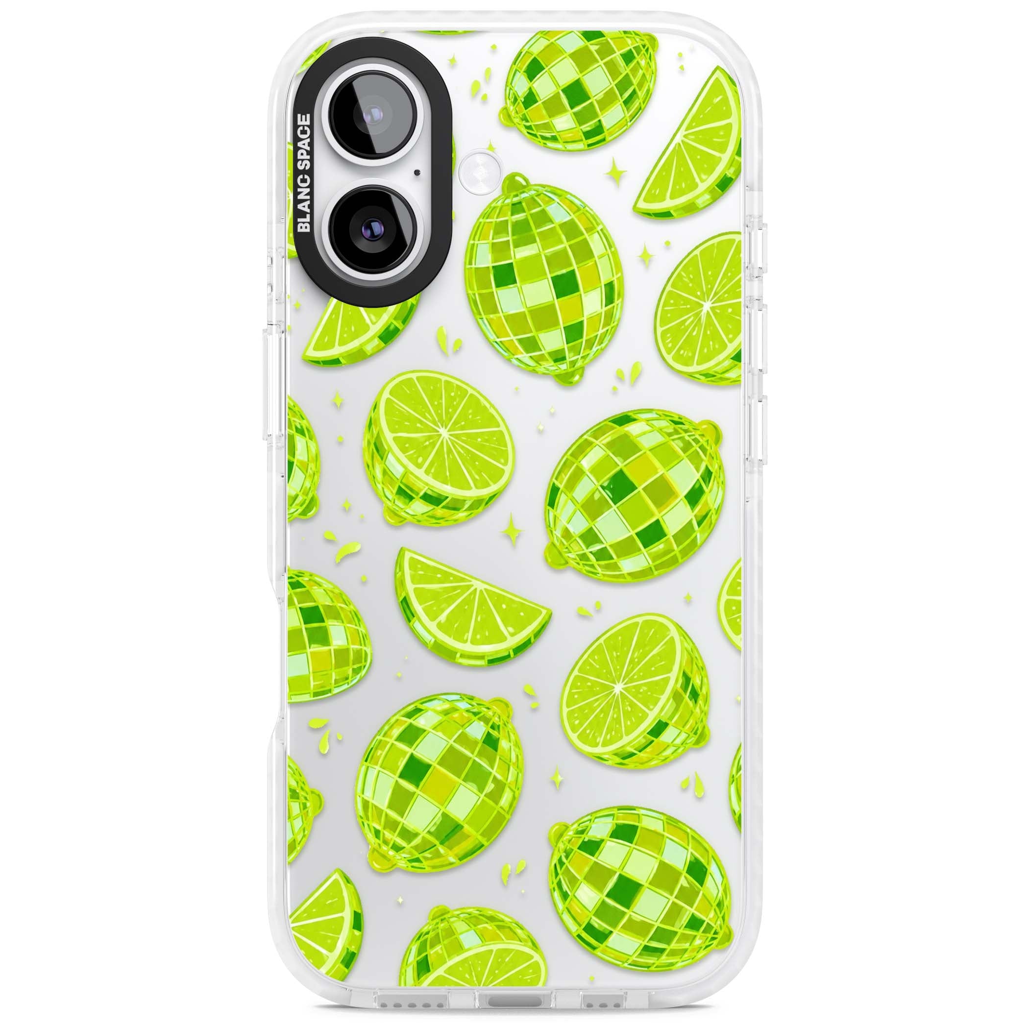 Disco Limes fruit aesthetic iPhone case featuring green disco balls, lime slices and citrus sparkles | Black Impact case for iPhone 17