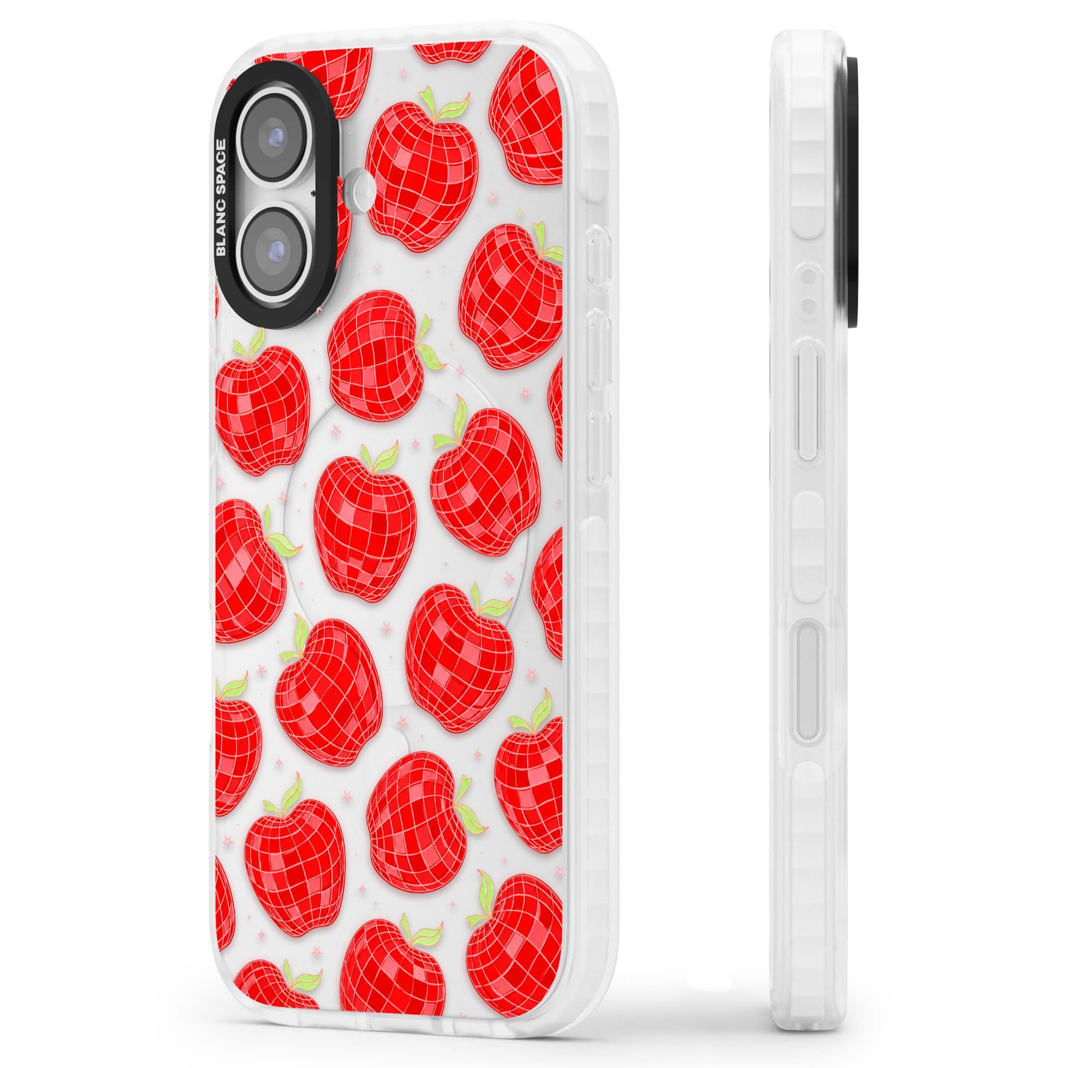Disco Apples Y2K iPhone case featuring red disco ball apples, green leaves and pink sparkles on clear | Black Impact case for iPhone 17