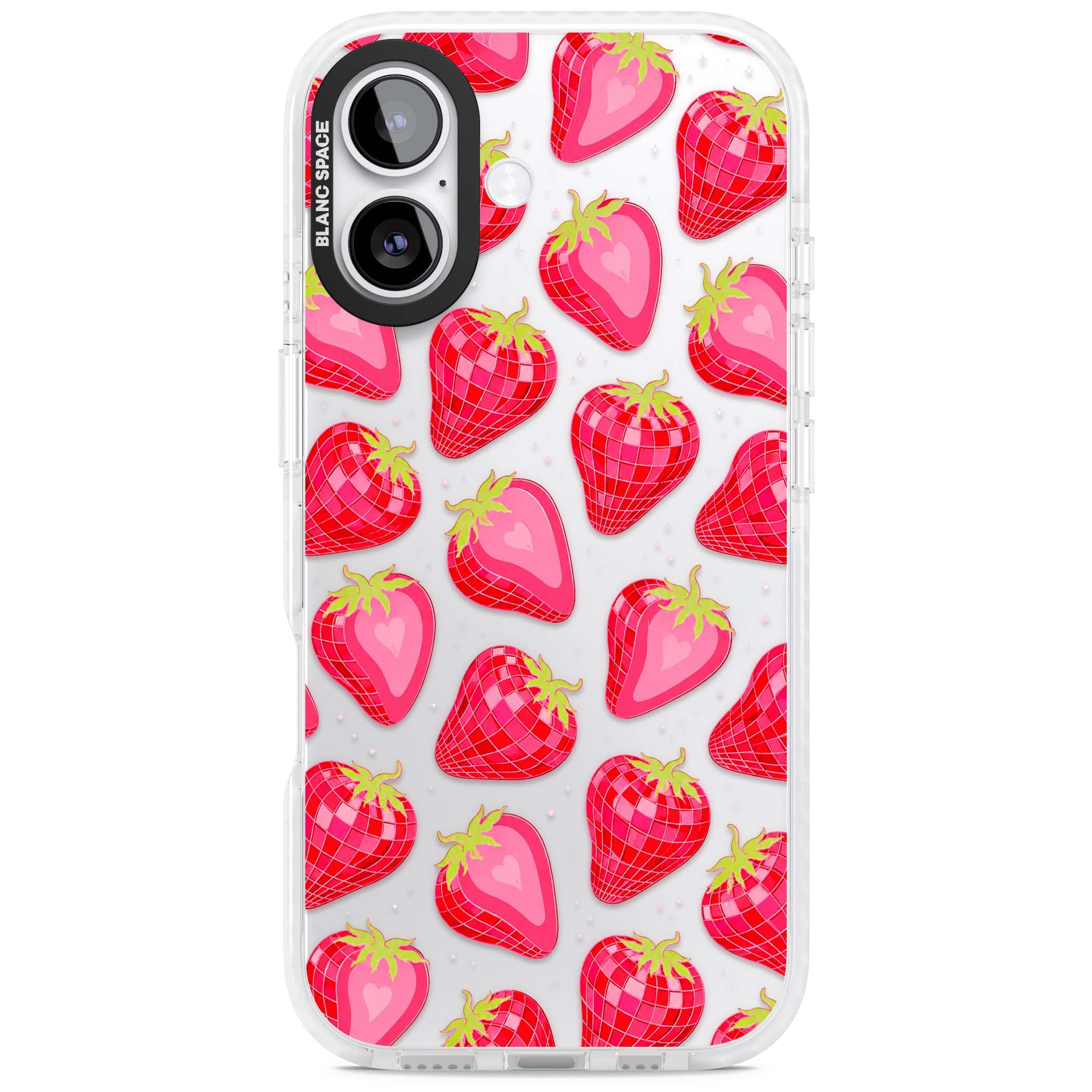 Disco Strawberry Y2K iPhone case featuring pink disco-ball strawberries, green leaves and tiny sparkles | Black Impact case for iPhone 17