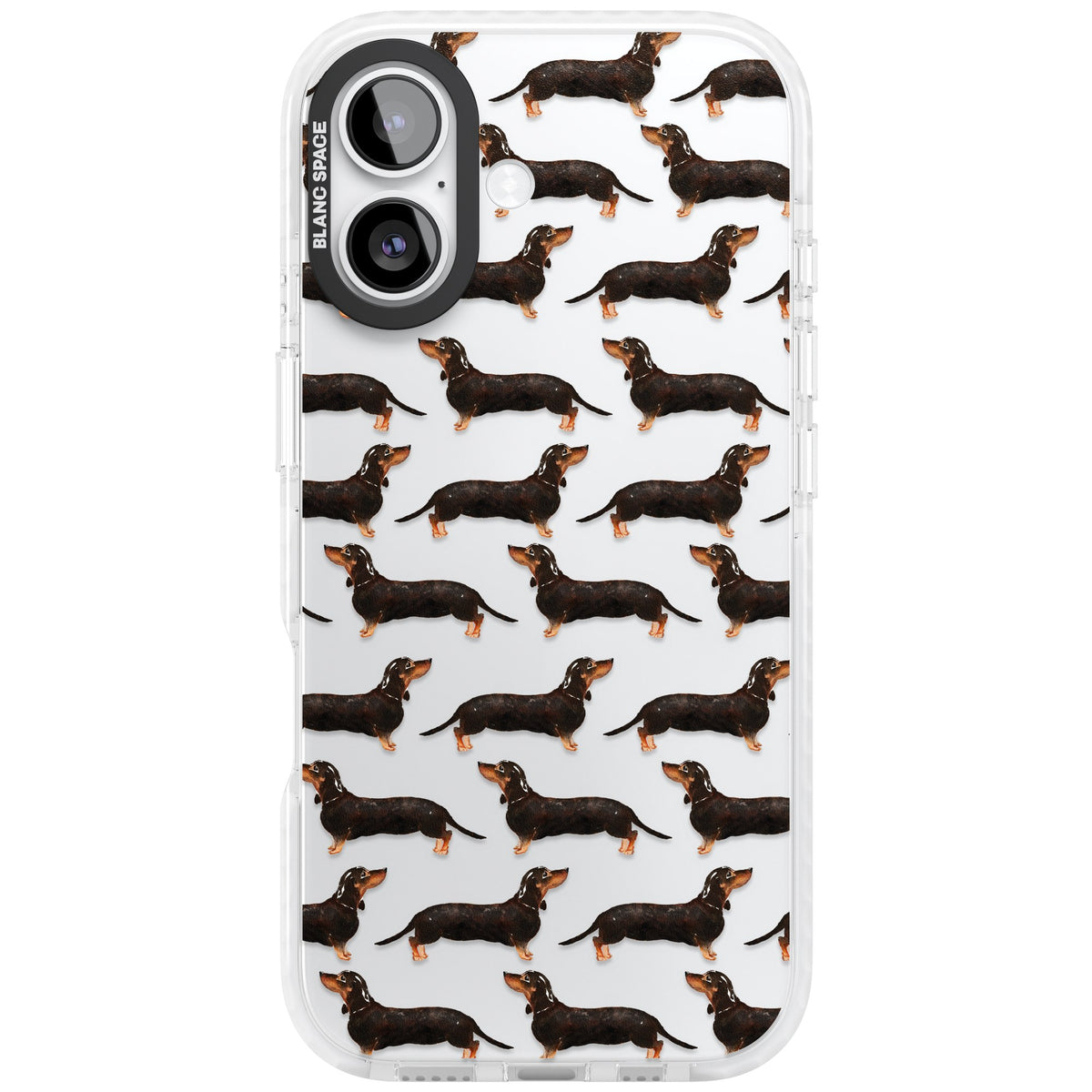 Dachshund Pattern Black Tan iPhone 16 / iPhone 16 Plus / iPhone 17 Impact Clear Phone Case front