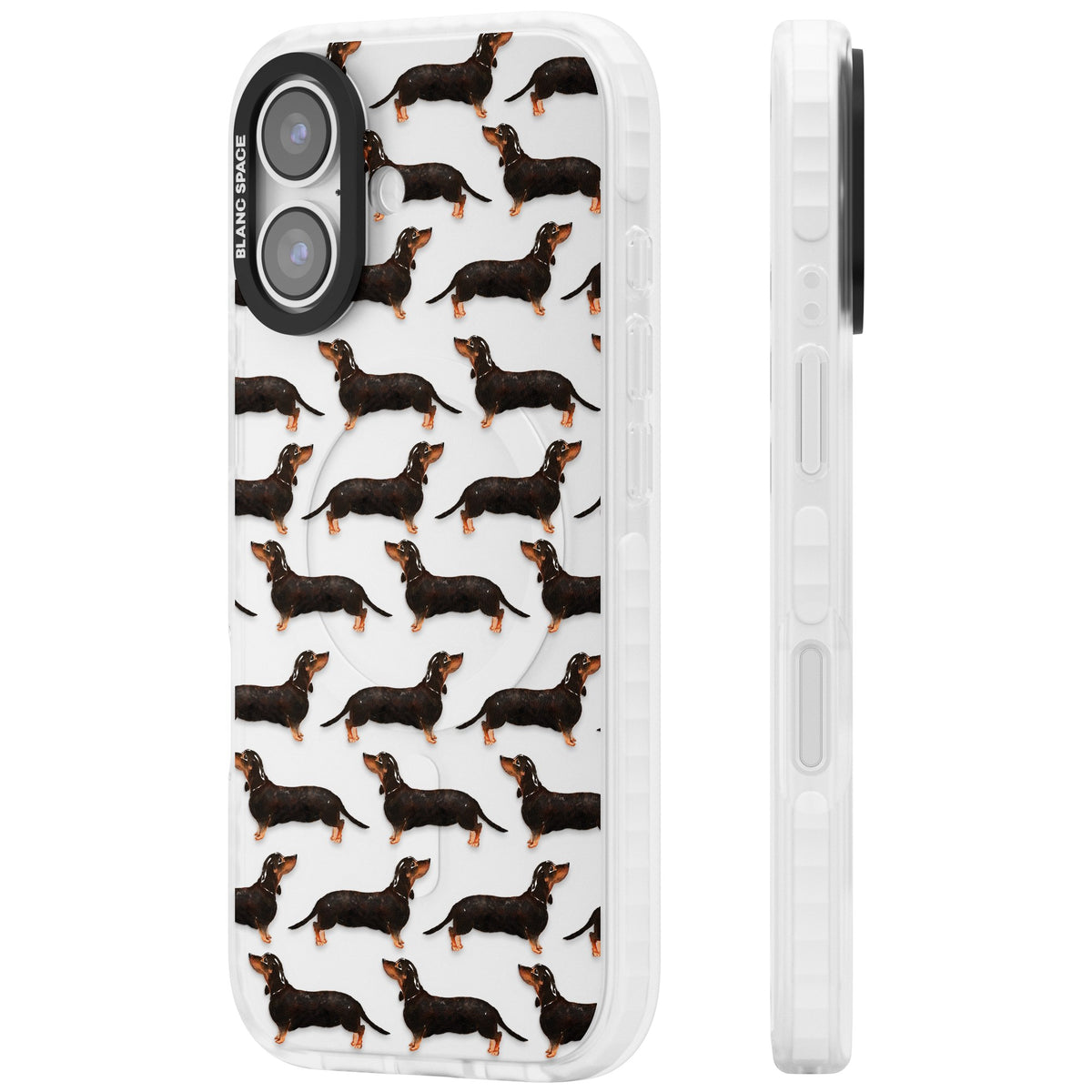 Dachshund Pattern Black Tan iPhone 16 / iPhone 16 Plus / iPhone 17 Impact Clear Phone Case side