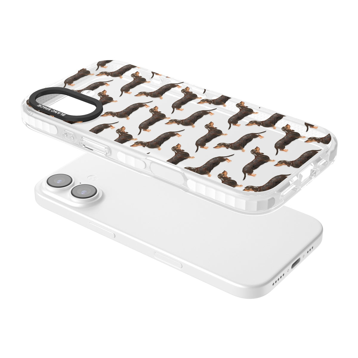 Dachshund Pattern Black Tan iPhone 16 / iPhone 16 Plus / iPhone 17 Impact Clear Phone Case angled