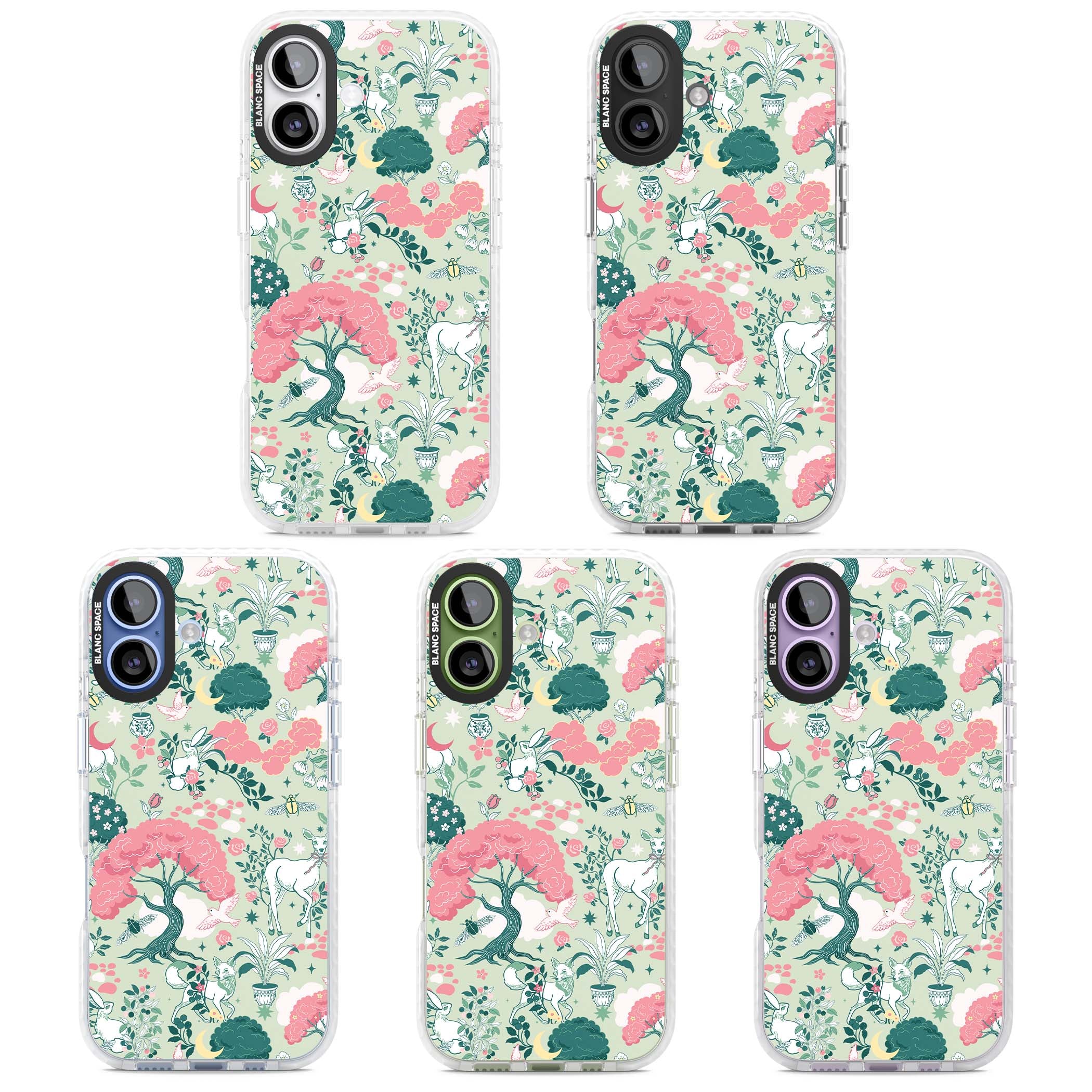 Enchanted Woodland cottagecore iPhone case featuring white deer, pink roses, mushrooms and woodland animals on sage green | Black Impact case for iPhone 17