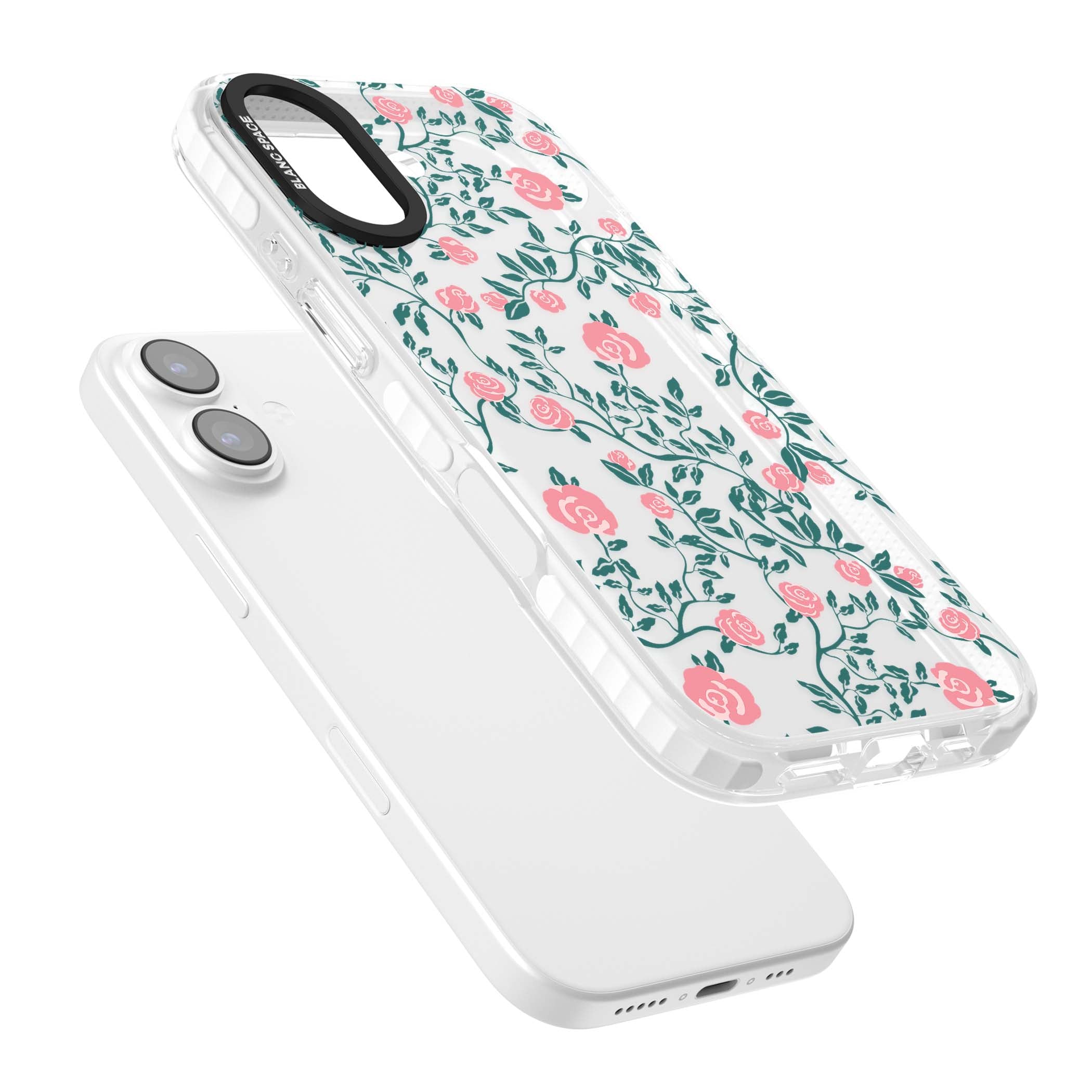 Rose Trellis (Clear) cottagecore iPhone case featuring pink climbing roses and green leaves on clear background | Black Impact case for iPhone 17
