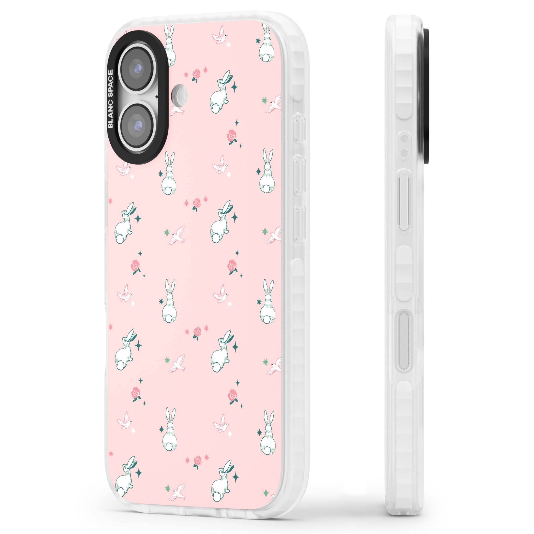 Bunny Garden kawaii iPhone case featuring white rabbits, pink roses, doves and stars on pink background | Black Impact case for iPhone 17