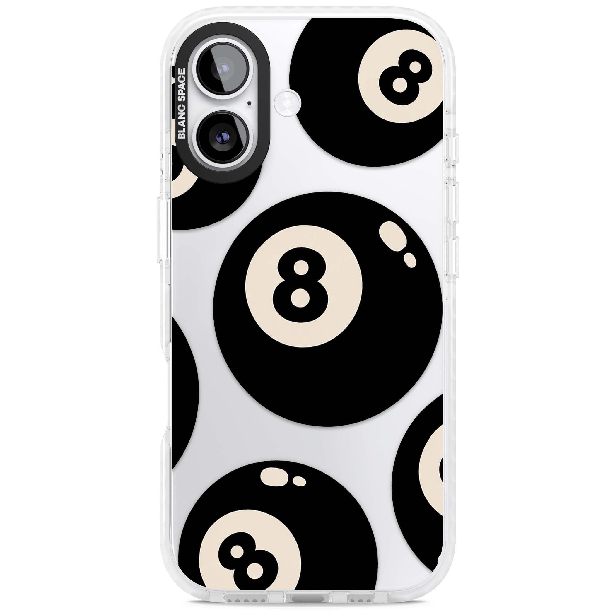 Eights y2k iPhone case featuring scattered black 8 balls with cream highlights on a clear background | Black Impact case for iPhone 17