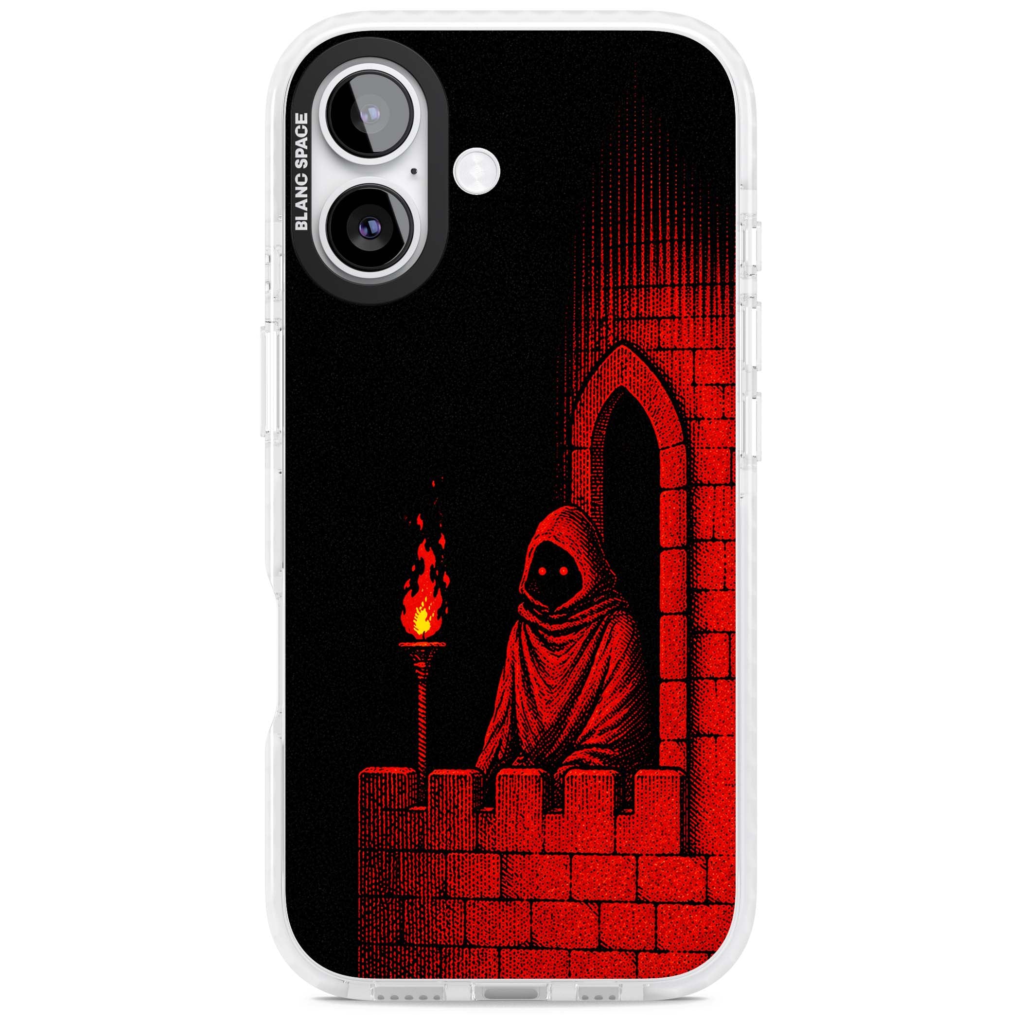 Crimson Crypt gothic iPhone case featuring a hooded reaper, torchlit crypt archway and red halftone horror art | Black Impact case for iPhone 17