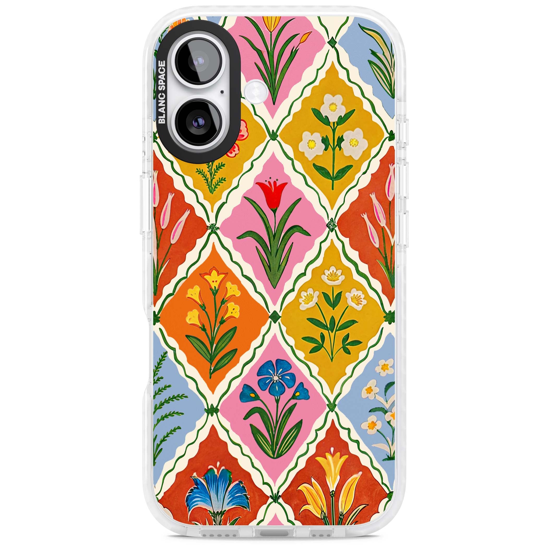 Floral Quilt boho floral iPhone case featuring diamond lattice pattern, hand-painted tulips and folk art wildflowers | Black Impact case for iPhone 17