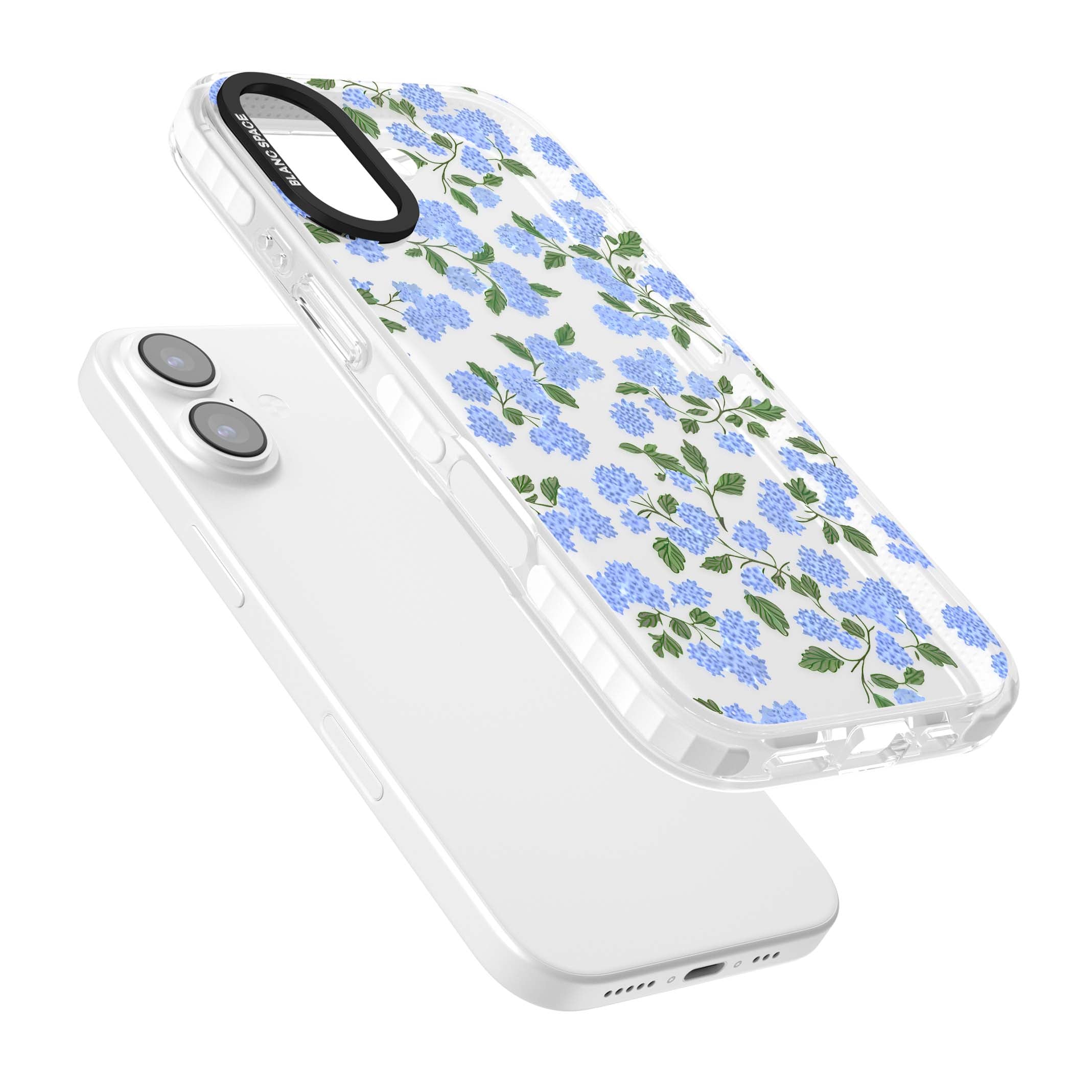 Hydrangea Dreams cottagecore iPhone case featuring soft blue hydrangea flower clusters and green leaves | Black Impact case for iPhone 17