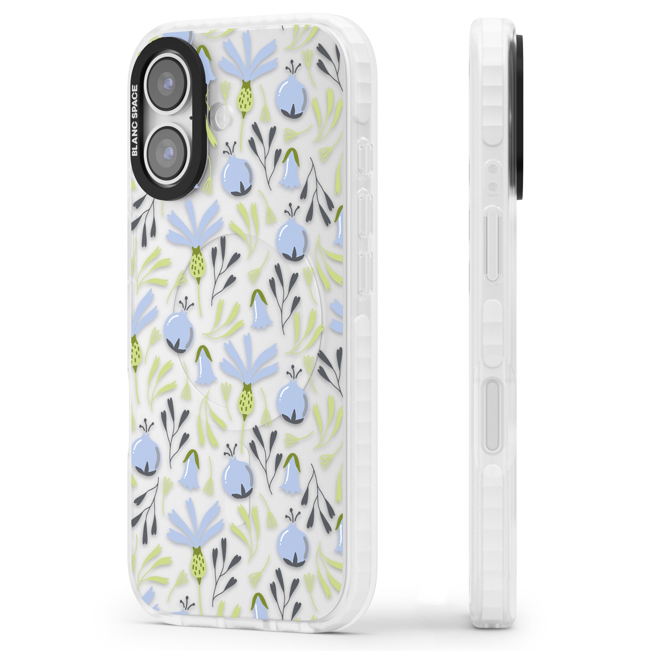 Blue Flora Bloom iPhone 17 Impact Clear Phone Case Side Profile