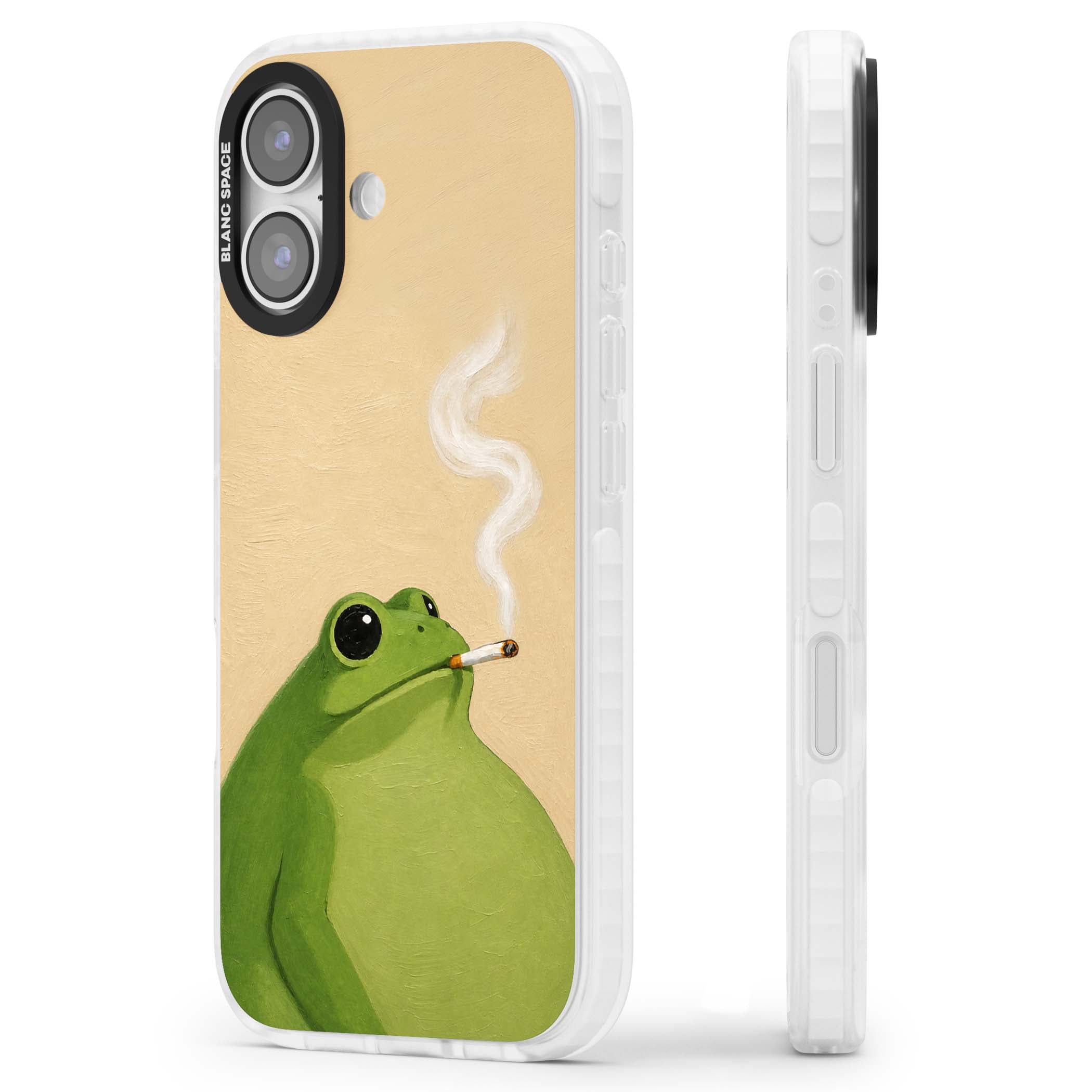 The Smoking Frog cottagecore iPhone case featuring a hand-painted green frog smoking a cigarette on a cream oil painting back | Black Impact case for iPhone 17