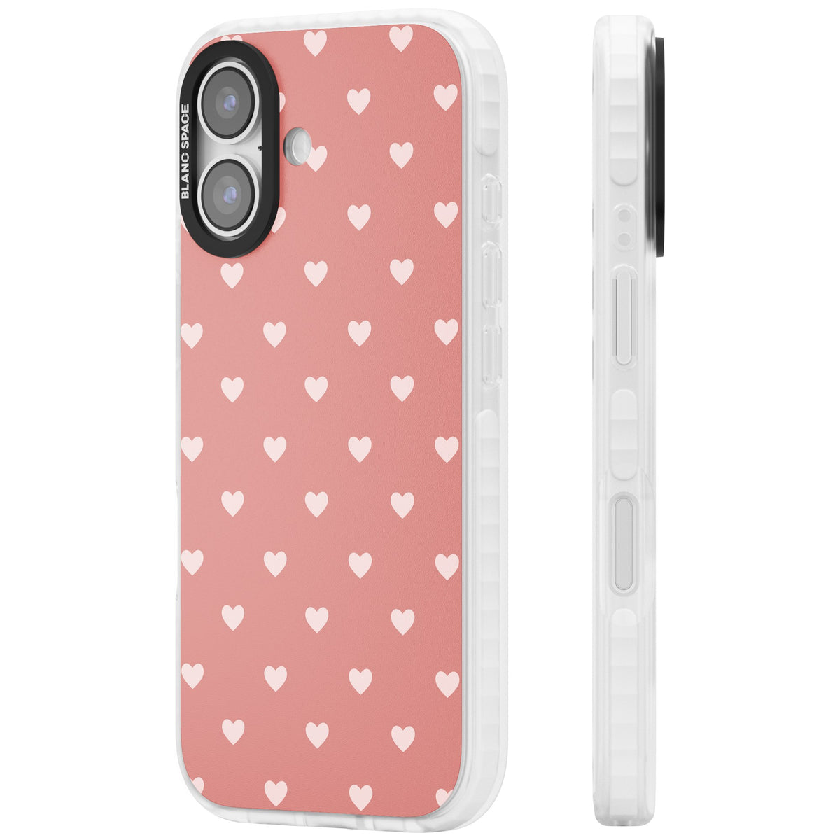 Small Heart Pattern: Pink iPhone 16 / iPhone 16 Plus / iPhone 17 Impact Clear Phone Case side
