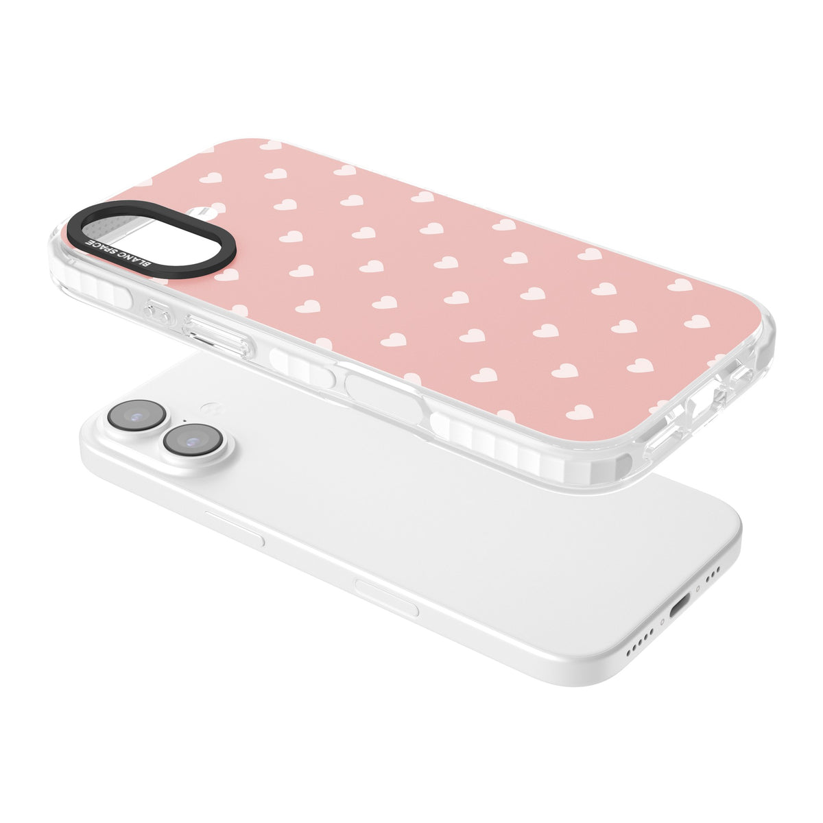 Small Heart Pattern: Pink iPhone 16 / iPhone 16 Plus / iPhone 17 Impact Clear Phone Case angled