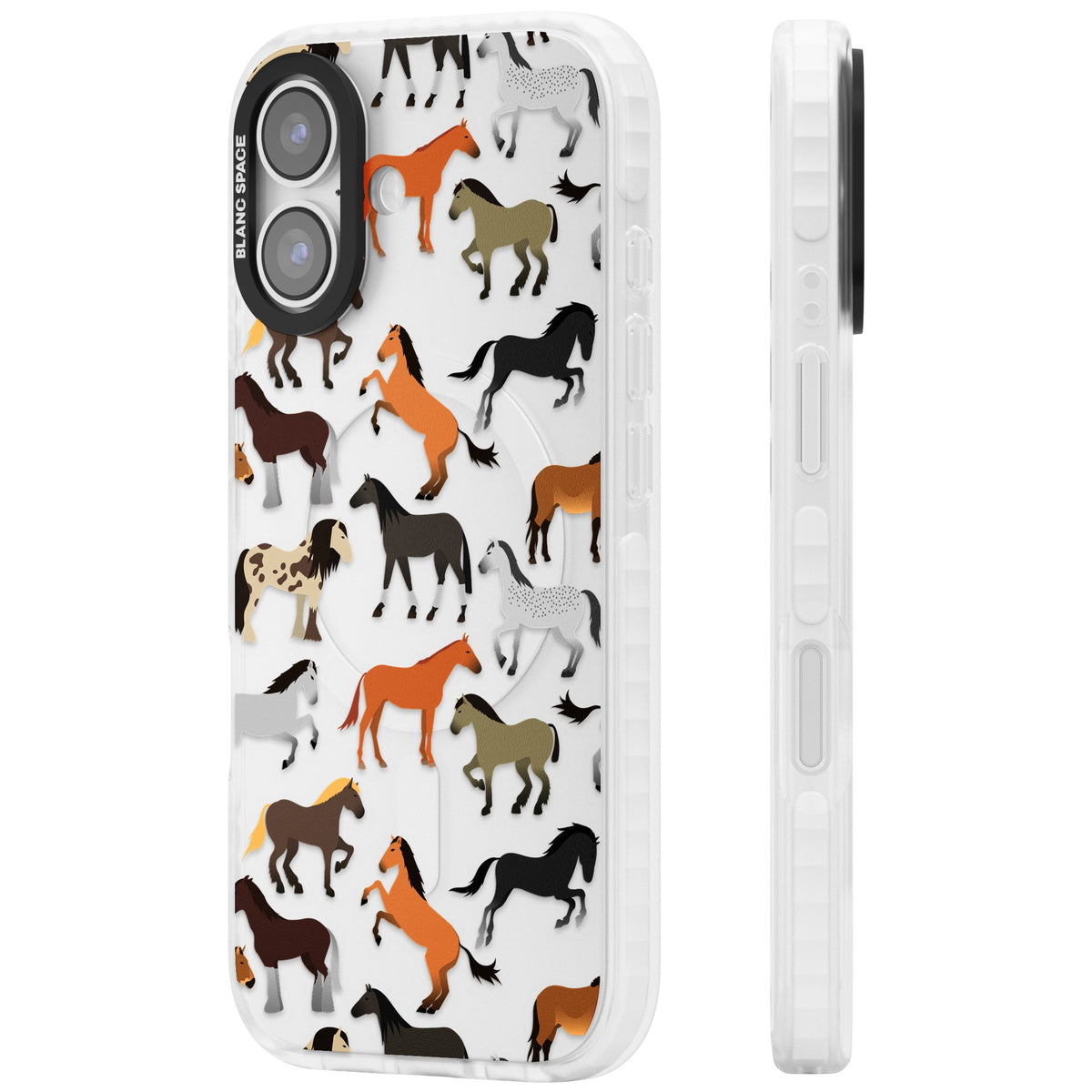 Horse Pattern iPhone 16 / iPhone 16 Plus / iPhone 17 Impact Clear Phone Case side