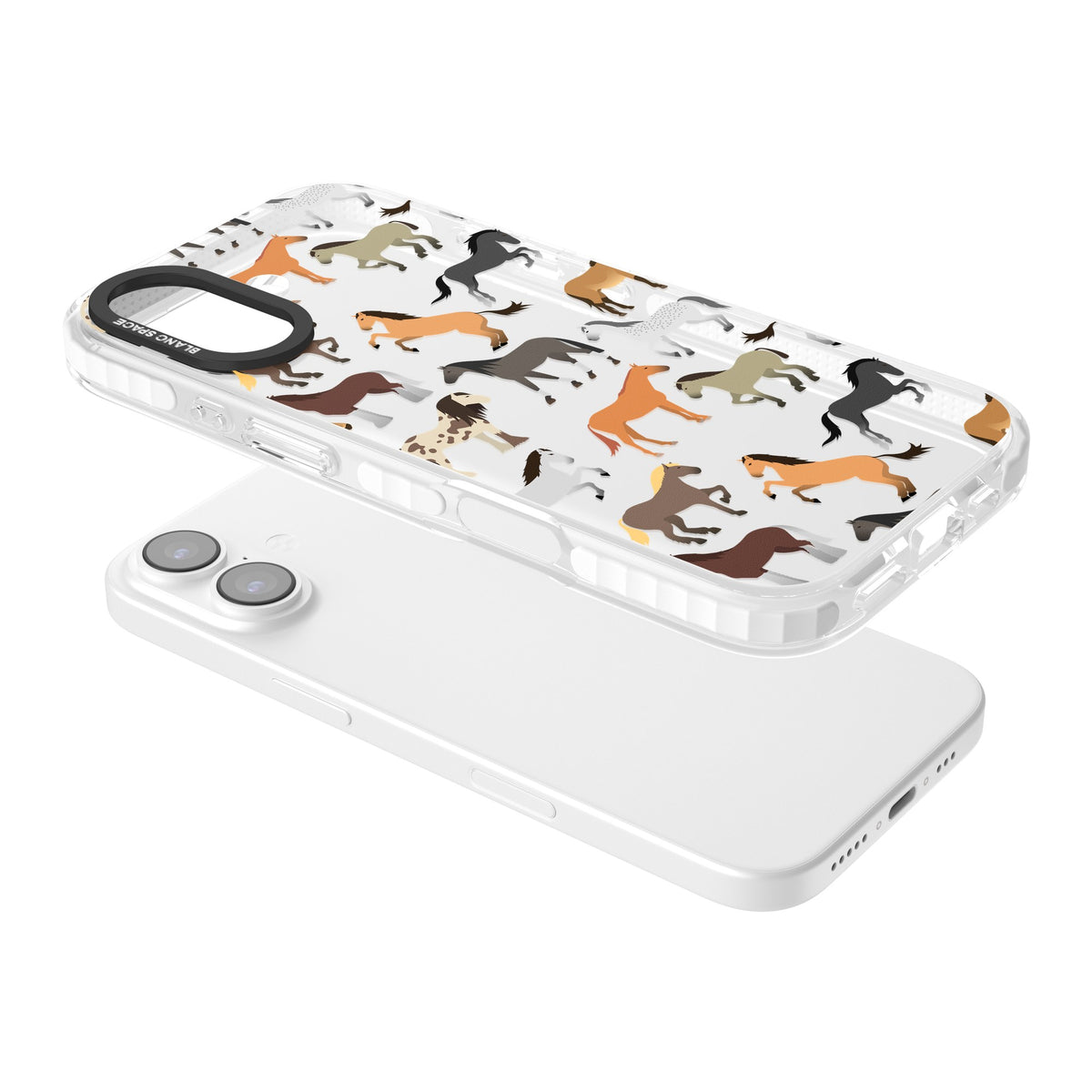 Horse Pattern iPhone 16 / iPhone 16 Plus / iPhone 17 Impact Clear Phone Case angled