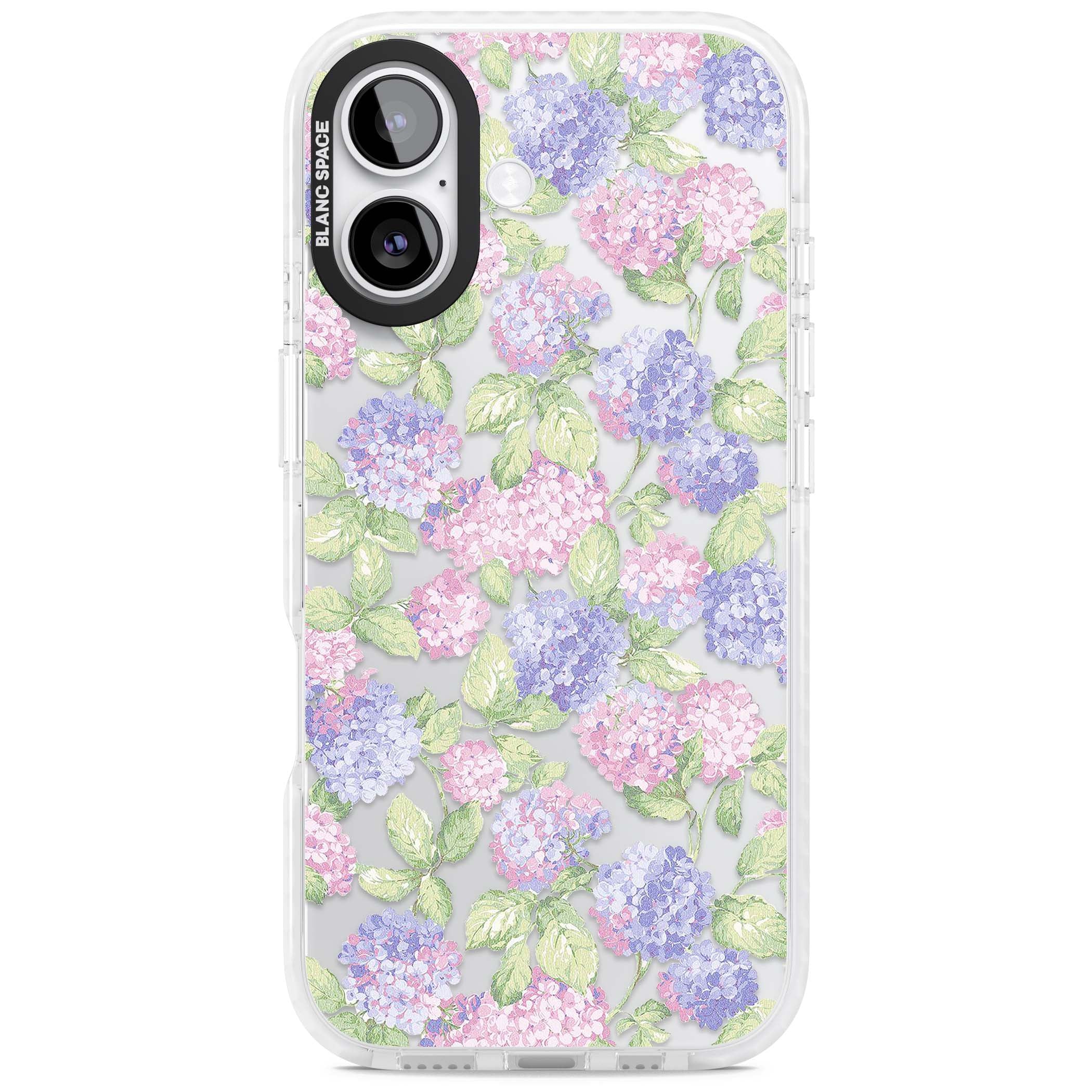 Cottage Hydrangea cottagecore iPhone case featuring pink and purple hydrangea blooms with green leaves on a clear background | Black Impact case for iPhone 17