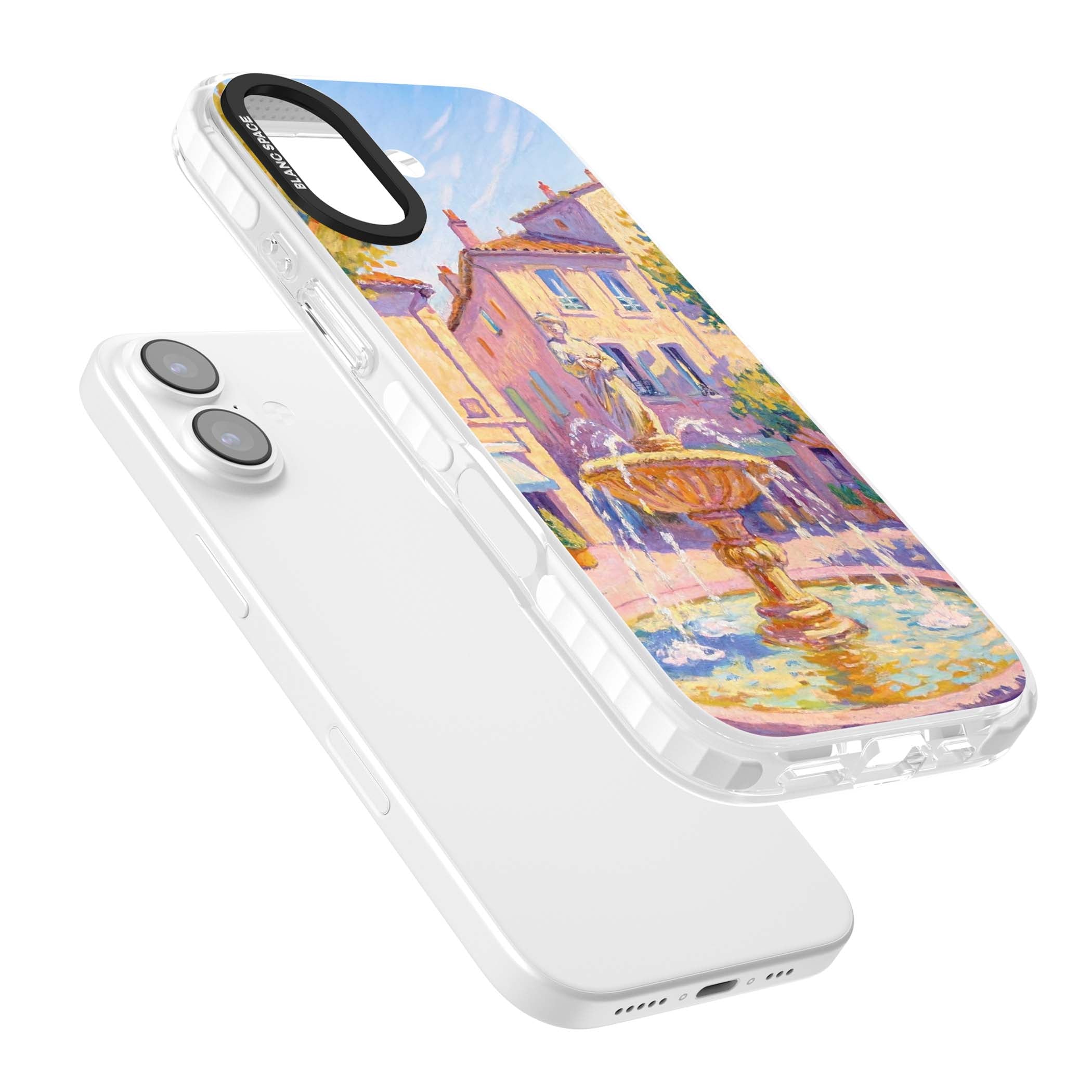 Fountain Square fine art iPhone case featuring an impressionist Provençal fountain, pastel village buildings and summe | Black Impact case for iPhone 17