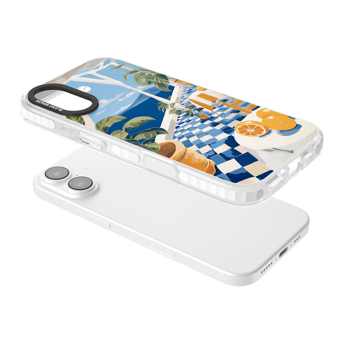 Greek Balcony iPhone 16 / iPhone 16 Plus / iPhone 17 Impact Clear Phone Case angled