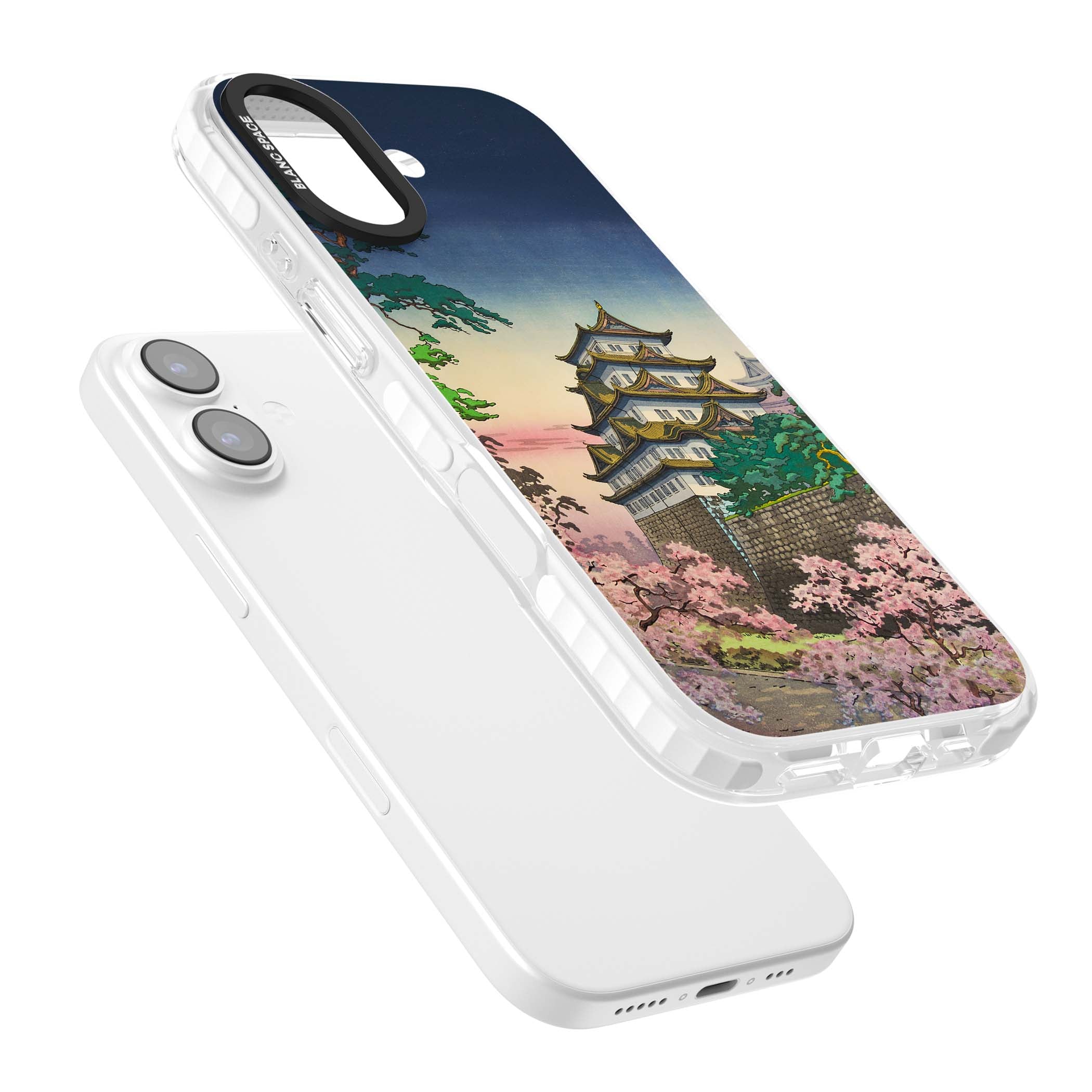 Nagoya Castle Japanese iPhone case featuring a vintage pagoda, twilight sky and cherry blossom trees | Black Impact case for iPhone 17