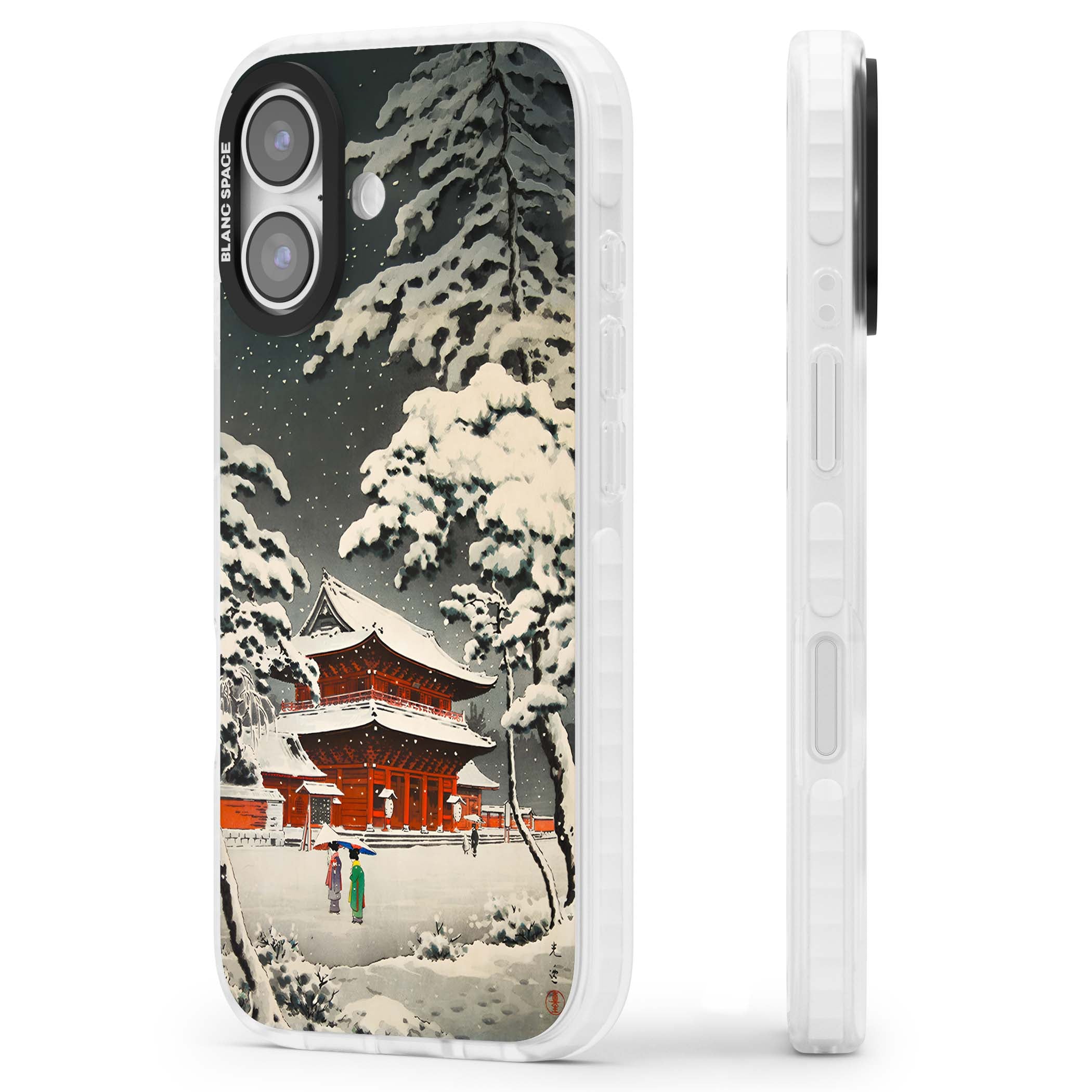 Snow at Shiha Park, Tokyo Japanese art iPhone case featuring a vintage ukiyo-e snowy temple, red pagoda, and snow-covered pin | Black Impact case for iPhone 17
