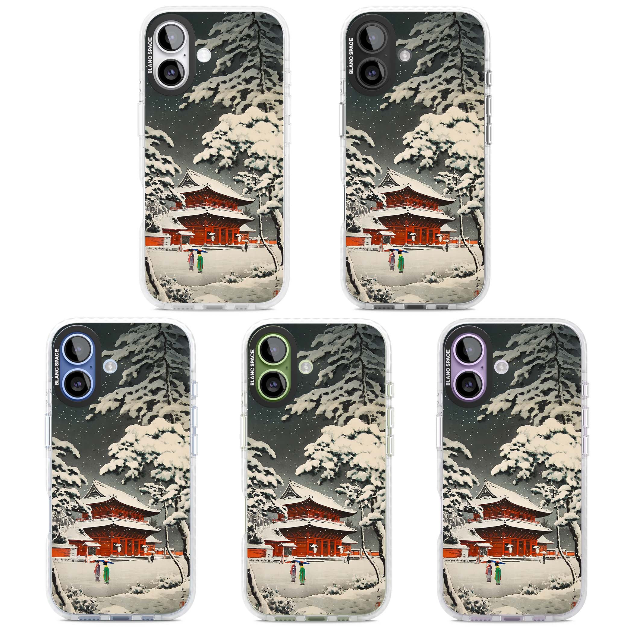 Snow at Shiha Park, Tokyo Japanese art iPhone case featuring a vintage ukiyo-e snowy temple, red pagoda, and snow-covered pin | Black Impact case for iPhone 17