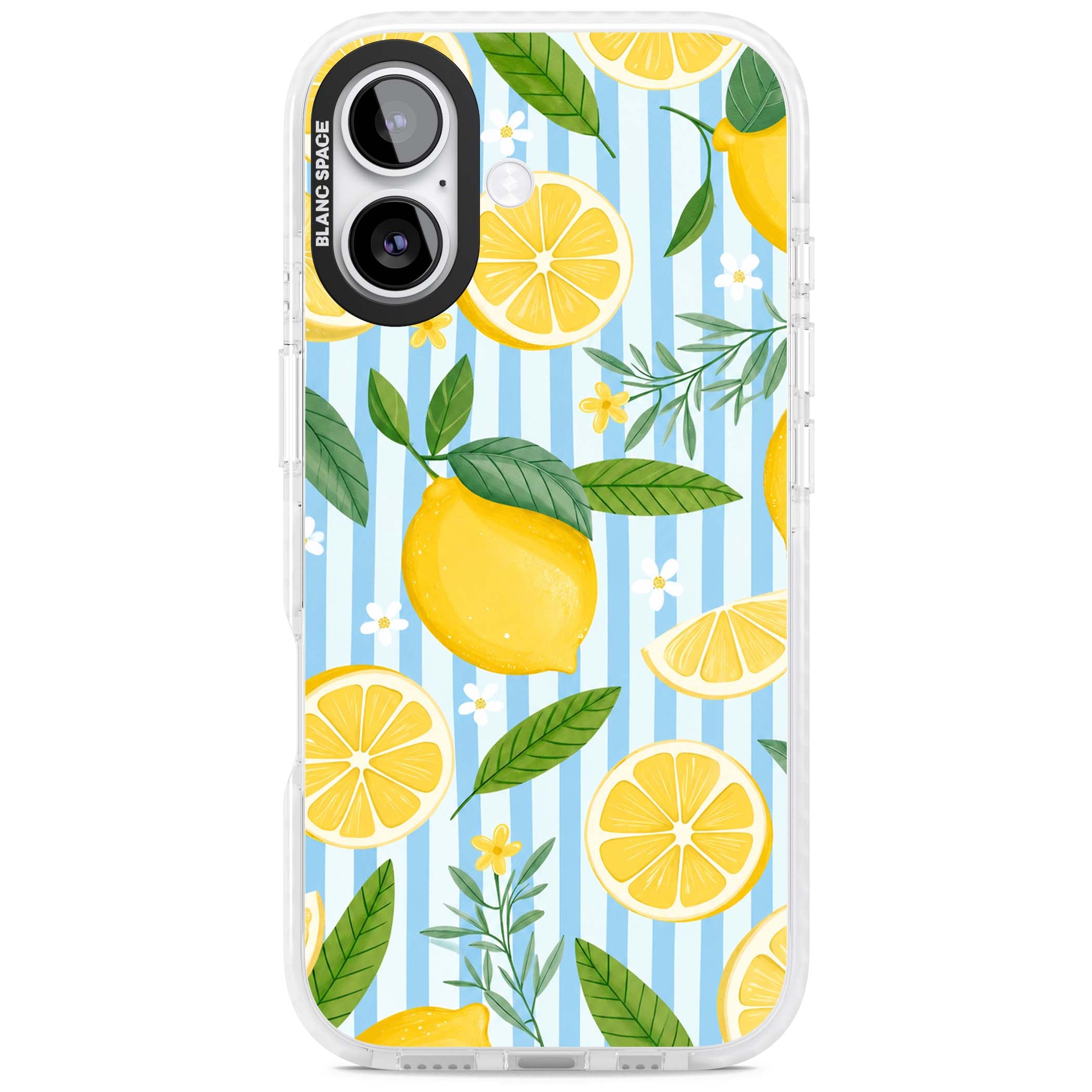 Capri Citrus Stripe coastal iPhone case featuring yellow lemons, blue stripes, and white daisy blossoms | Black Impact case for iPhone 17