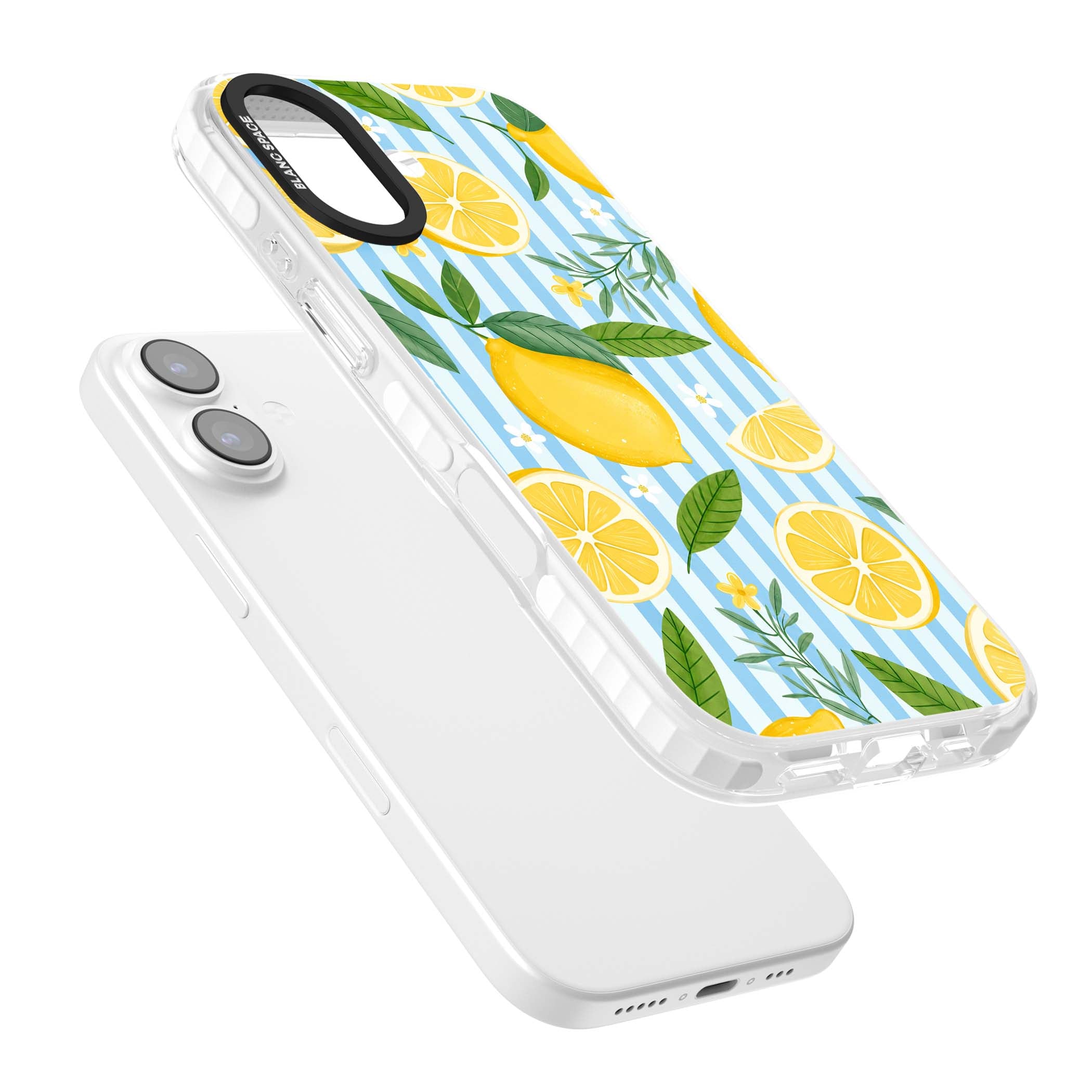 Capri Citrus Stripe coastal iPhone case featuring yellow lemons, blue stripes, and white daisy blossoms | Black Impact case for iPhone 17