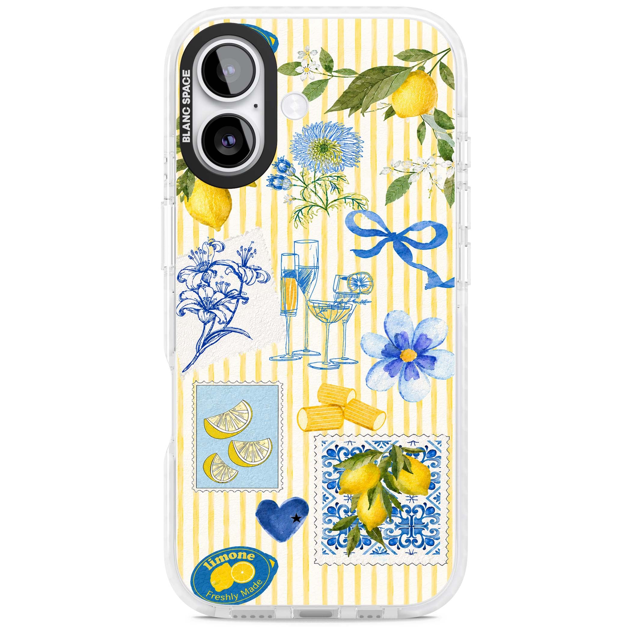 Limone Riviera Italian summer iPhone case featuring watercolour lemons, blue ribbon bows and majolica tile stamps on... | Black Impact case for iPhone 17