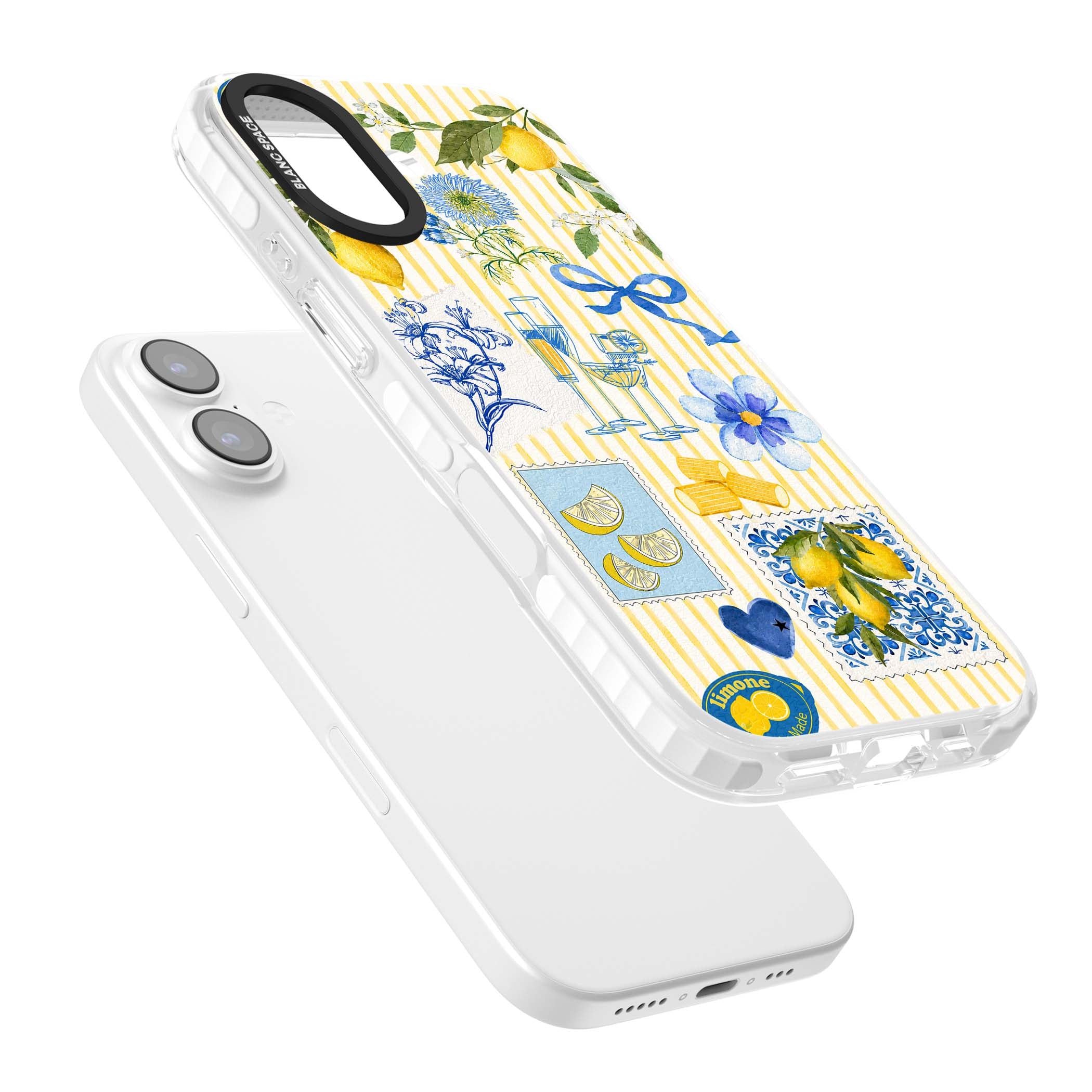 Limone Riviera Italian summer iPhone case featuring watercolour lemons, blue ribbon bows and majolica tile stamps on... | Black Impact case for iPhone 17