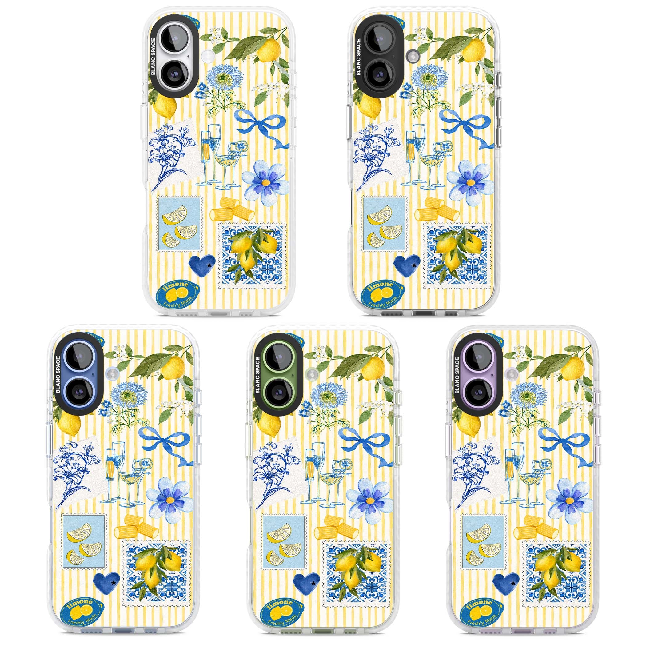 Limone Riviera Italian summer iPhone case featuring watercolour lemons, blue ribbon bows and majolica tile stamps on... | Black Impact case for iPhone 17