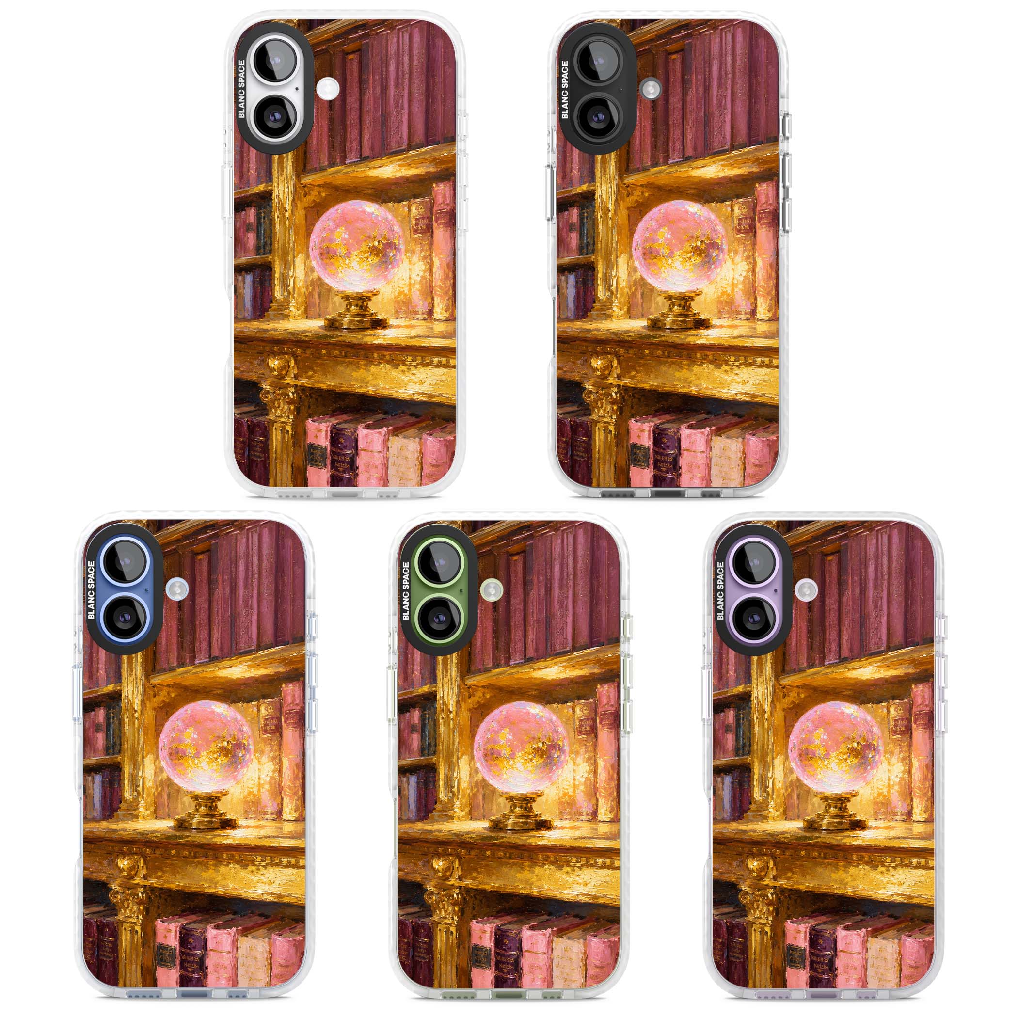 Gilded Library dark academia iPhone case featuring an oil painted crystal ball on a gilded library shelf with vintage | Black Impact case for iPhone 17