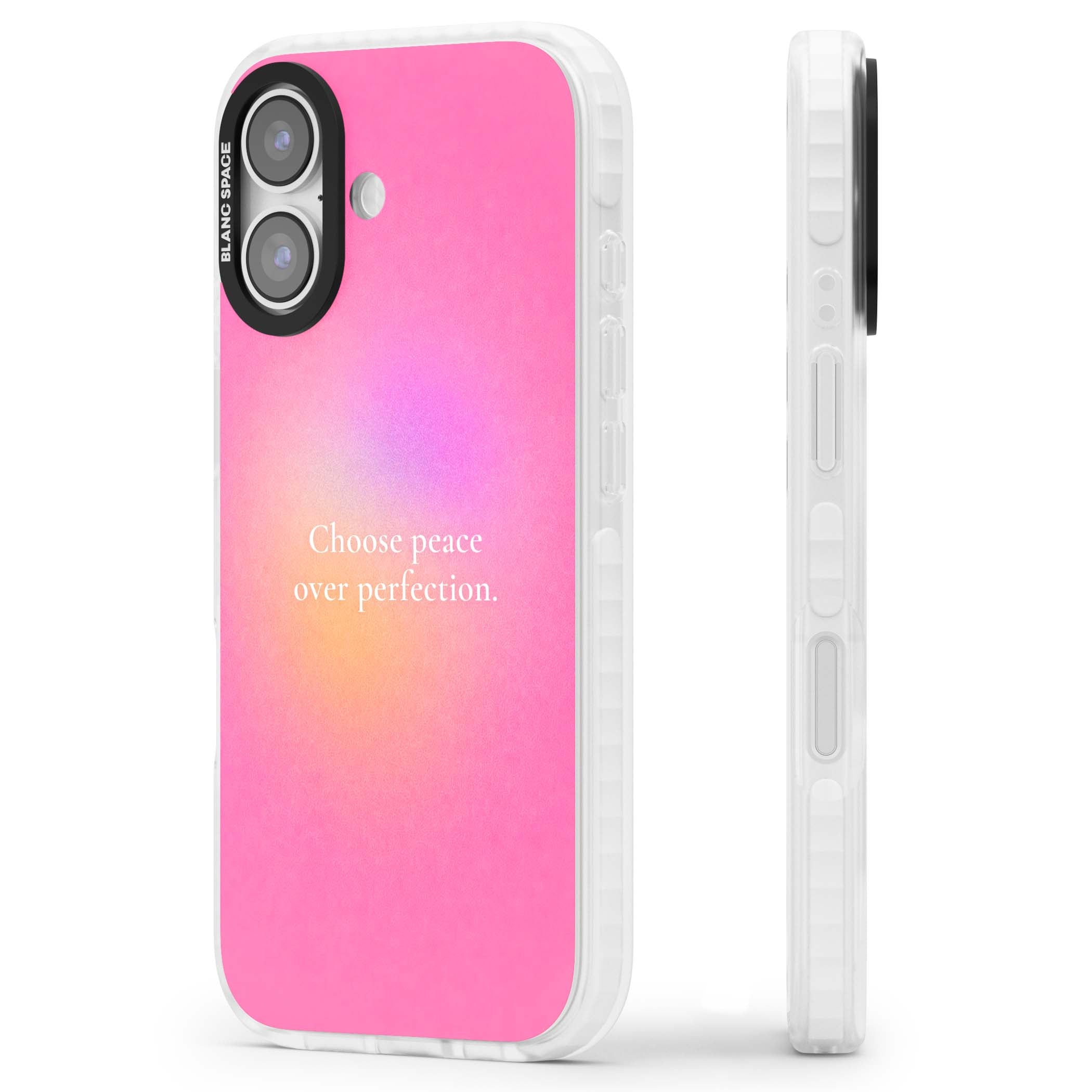 Peace Over Perfection quote iPhone case featuring a dreamy pink aura gradient and delicate white affirmation text | Impact Magsafe case for iPhone 17