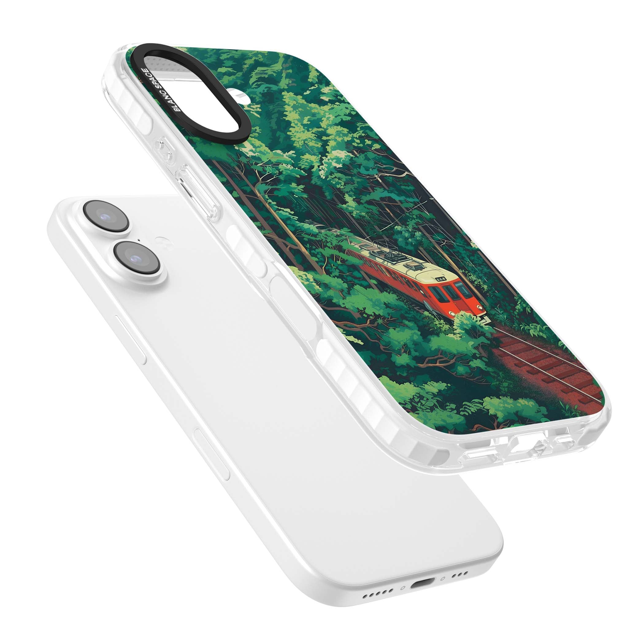 Railway In Toyama Japanese iPhone case featuring a red train, cedar forest and winding mountain railway tracks | Impact Magsafe case for iPhone 17