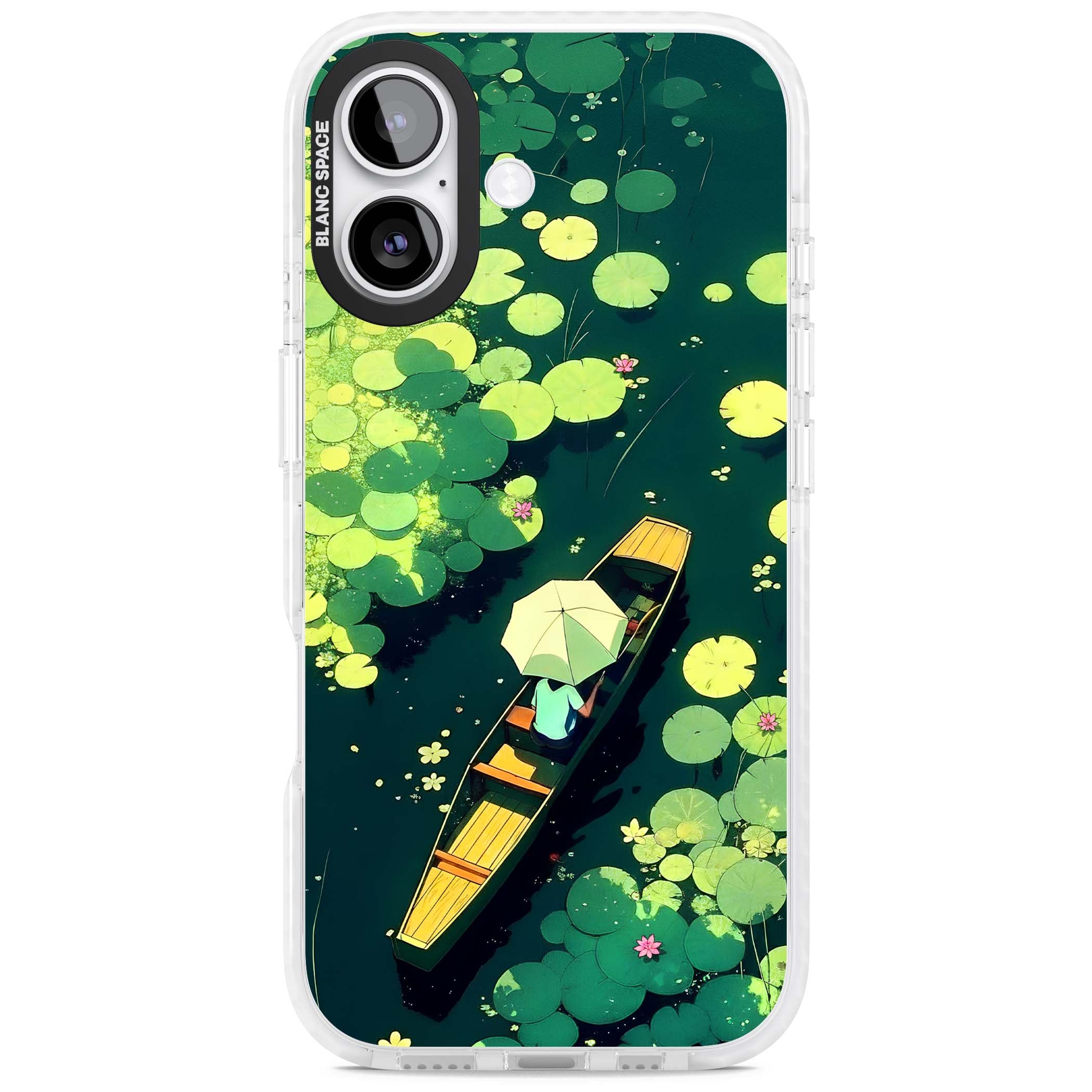 Jade Waters cottagecore iPhone case featuring a painted lily pond, wooden boat with parasol and floating water lilies | Impact Magsafe case for iPhone 17