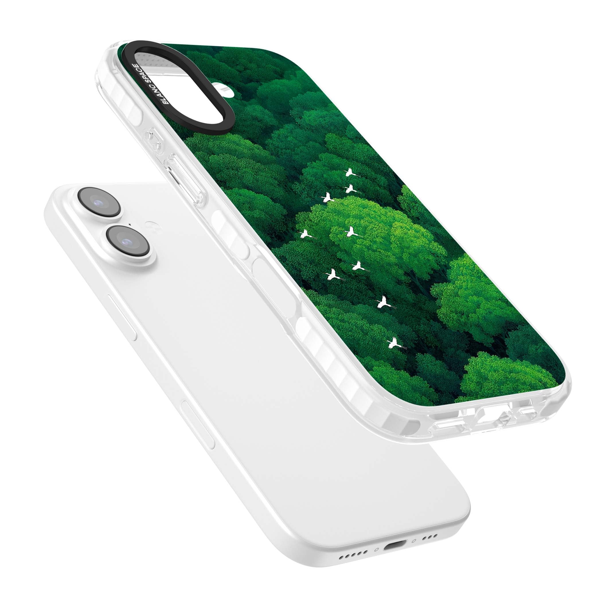 Grove Migration forest iPhone case featuring white cranes flying over lush green treetop canopy | Impact Magsafe case for iPhone 17