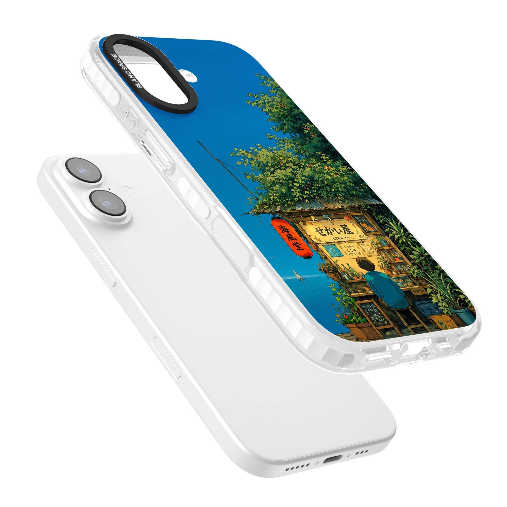 The Shirahama Kiosk anime iPhone case featuring a Japanese seaside shop, red paper lantern and ocean view | Impact Magsafe case for iPhone 17