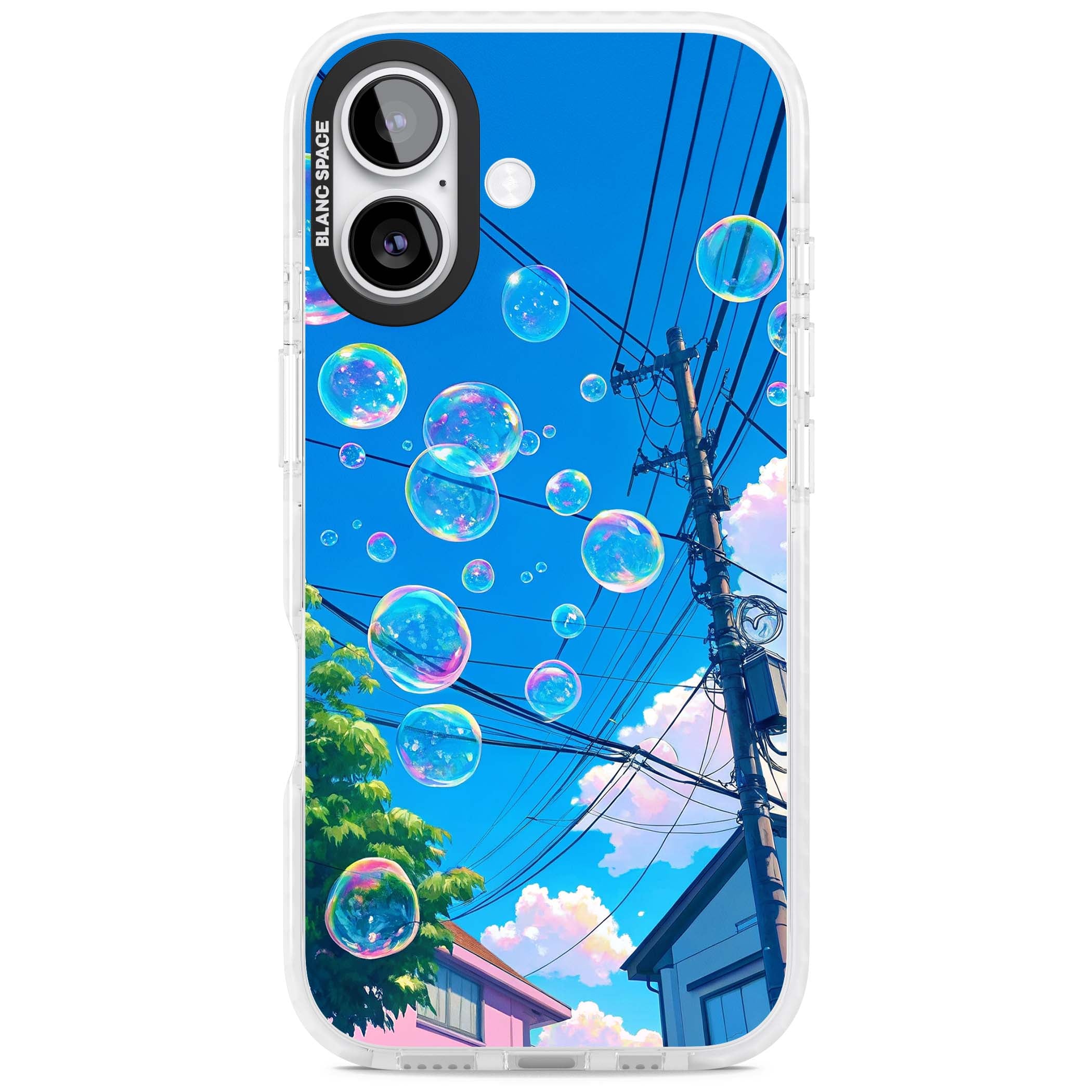 Suburban Bubbles anime iPhone case featuring iridescent soap bubbles, blue sky and Japanese telephone wires | Impact Magsafe case for iPhone 17