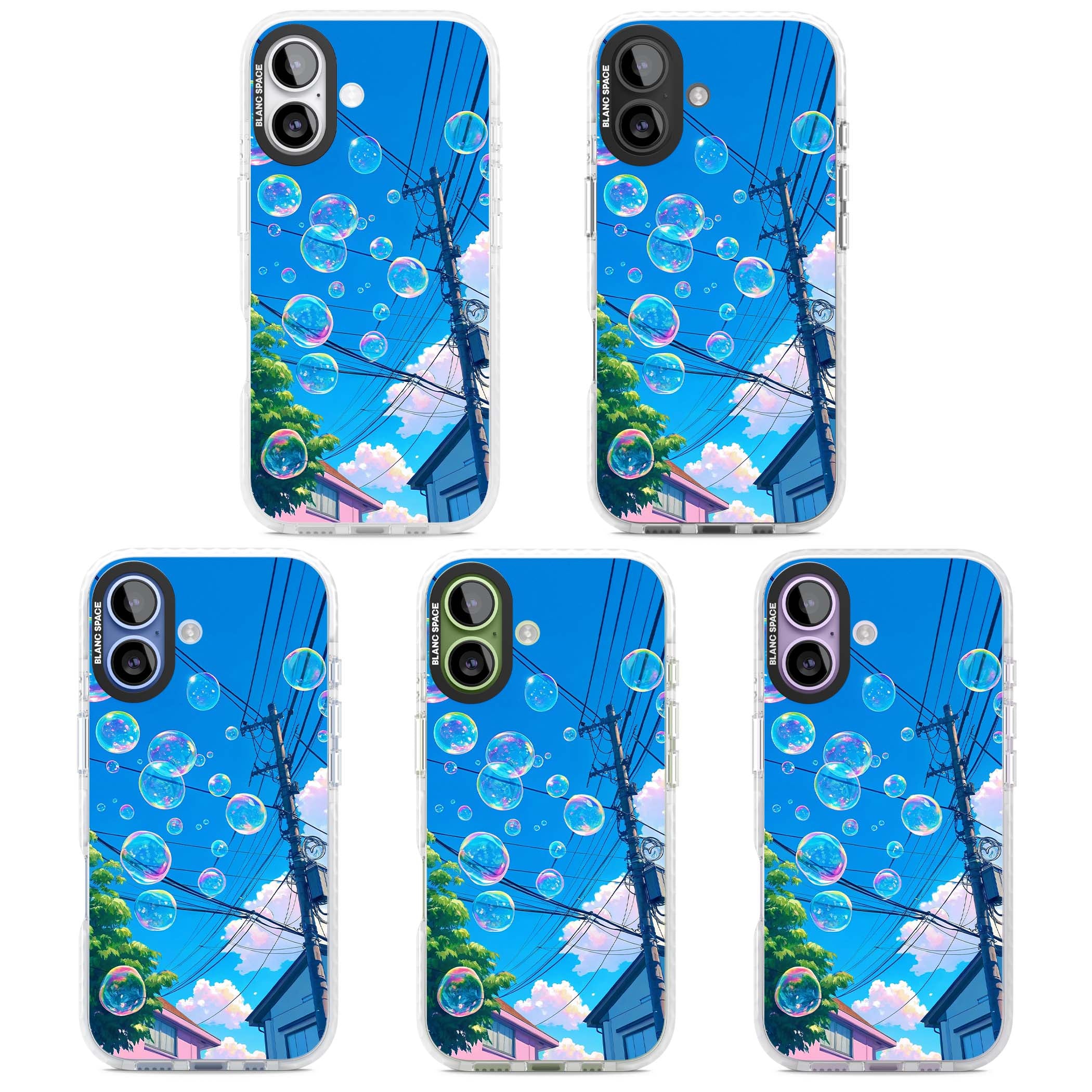 Suburban Bubbles anime iPhone case featuring iridescent soap bubbles, blue sky and Japanese telephone wires | Impact Magsafe case for iPhone 17