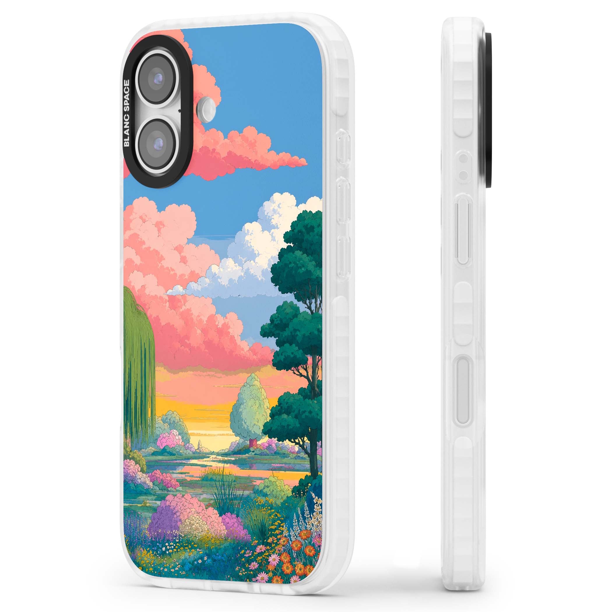 Dream Valley anime landscape iPhone case featuring pink sunset clouds, willow trees and wildflowers | Impact Magsafe case for iPhone 17