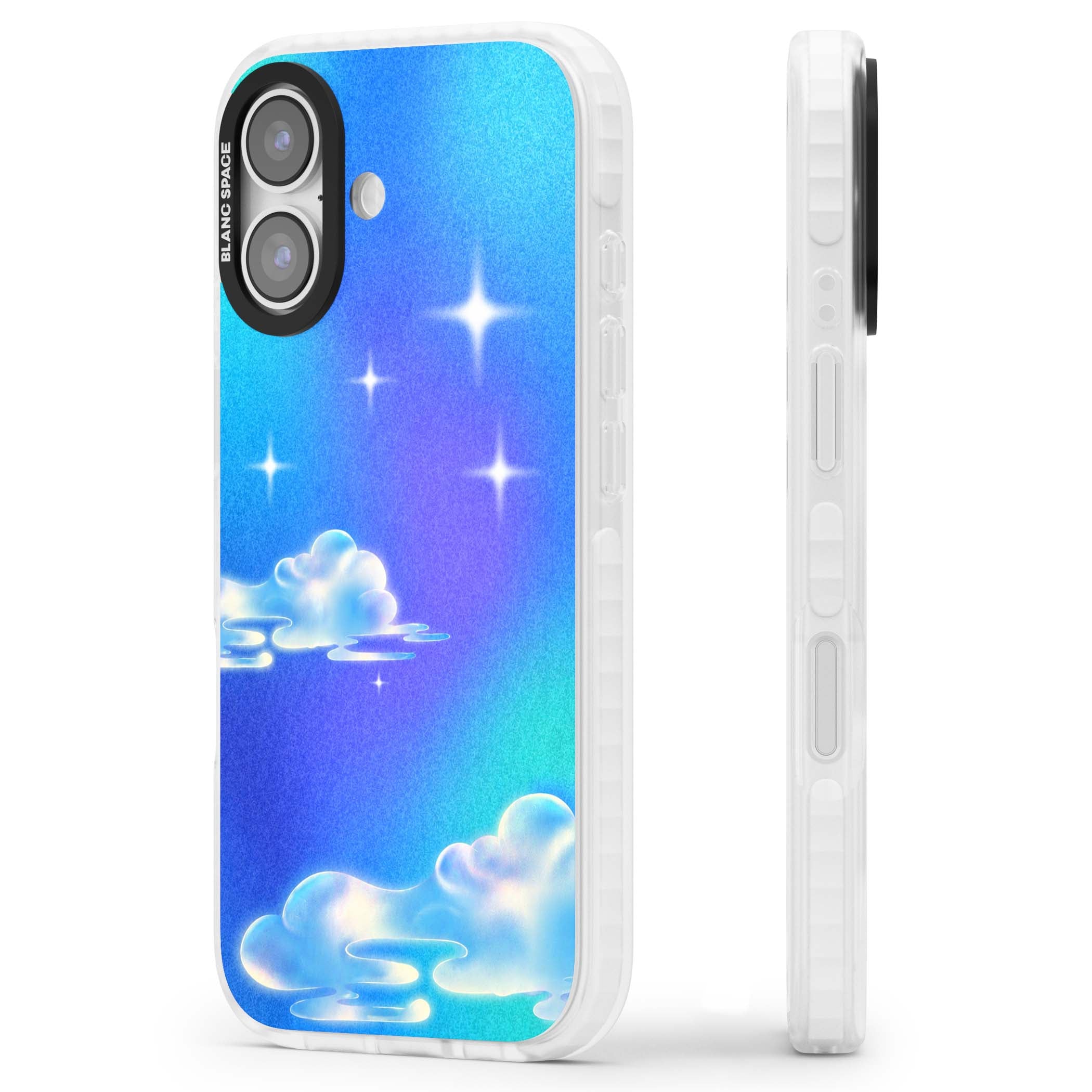 Aurora celestial iPhone case featuring dreamy iridescent clouds, sparkling stars and pastel blue purple sky | Impact Magsafe case for iPhone 17