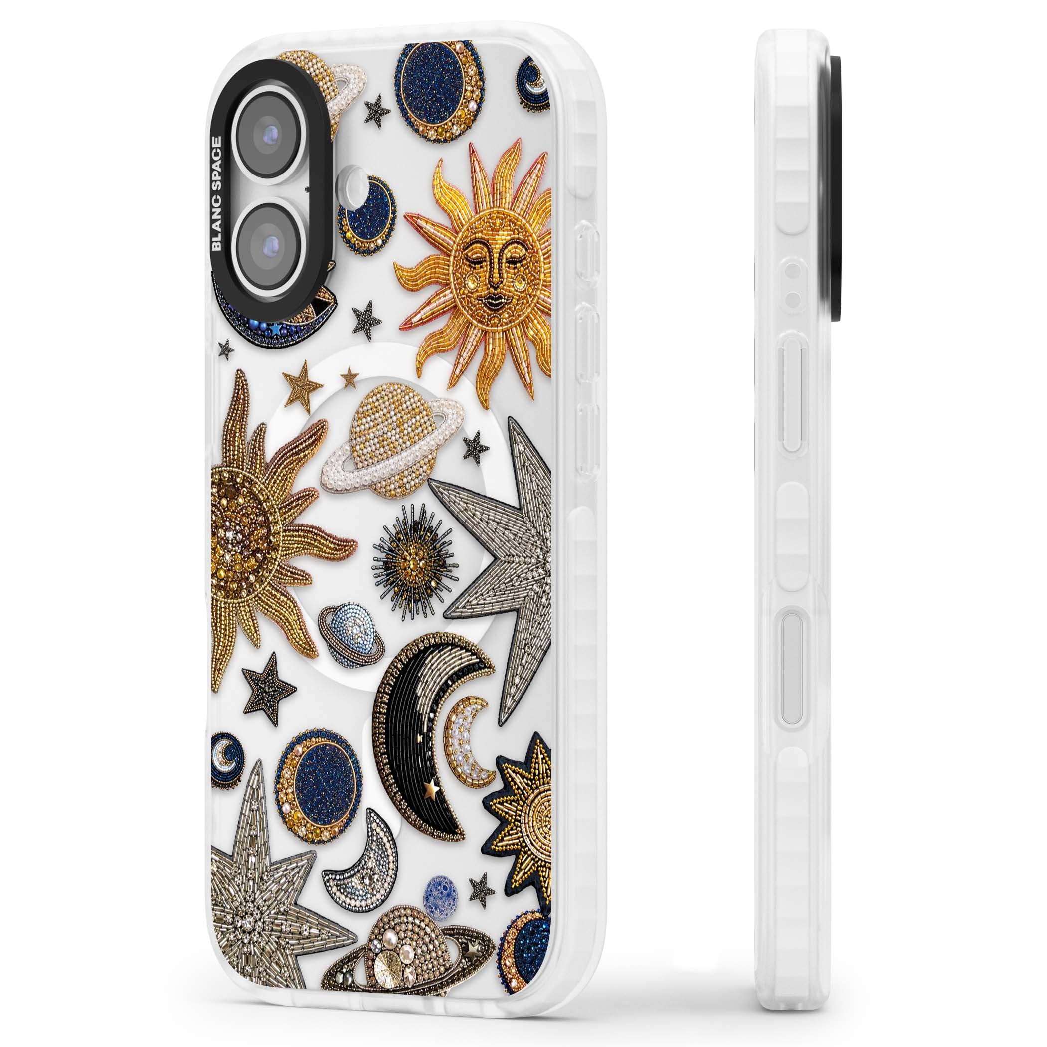 Beaded Cosmos celestial iPhone case featuring embroidered golden suns, beaded planets and silver shooting stars | Impact Magsafe case for iPhone 17
