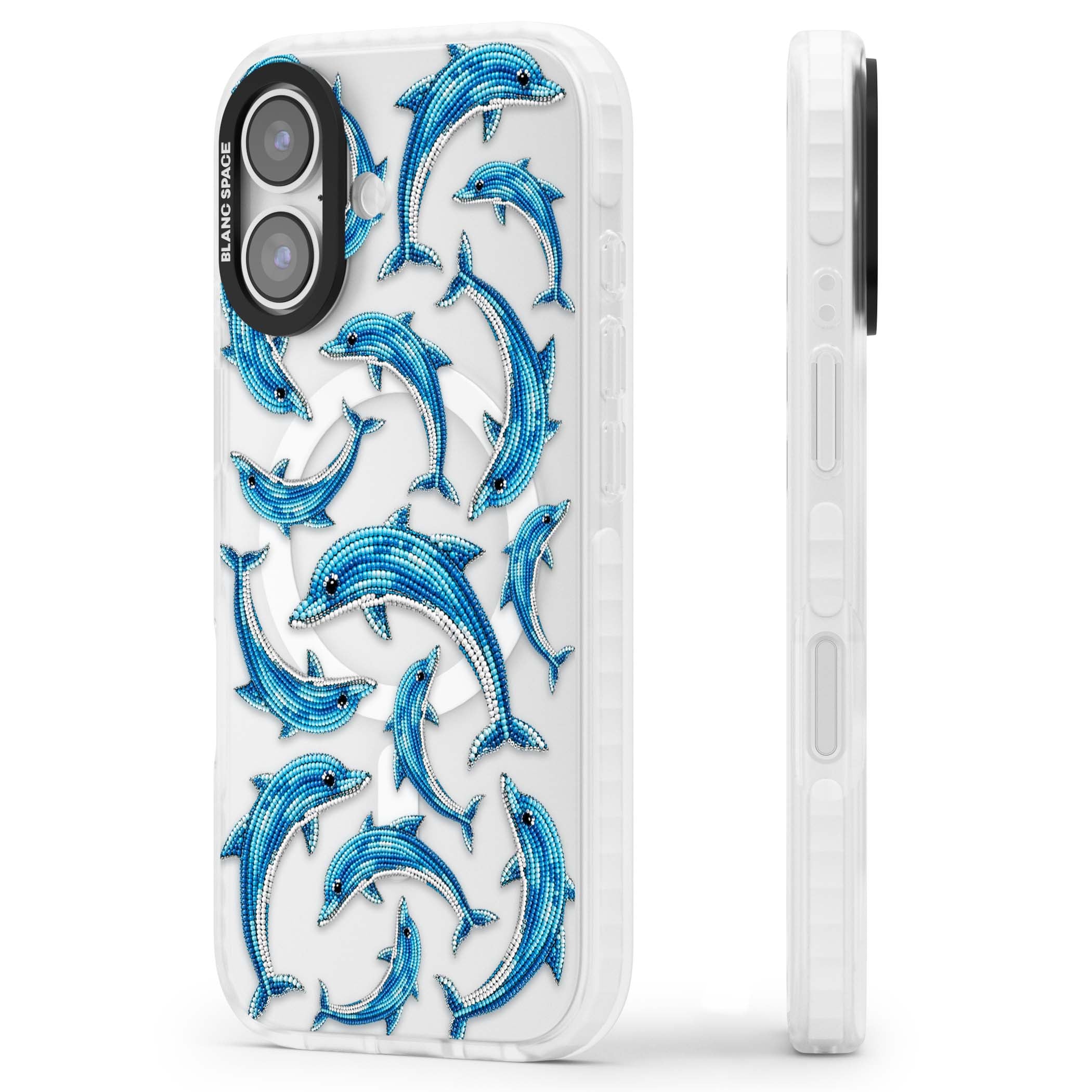 Beaded Dolphins coastal iPhone case featuring beaded dolphins in blue and white swimming across a clear background | Impact Magsafe case for iPhone 17