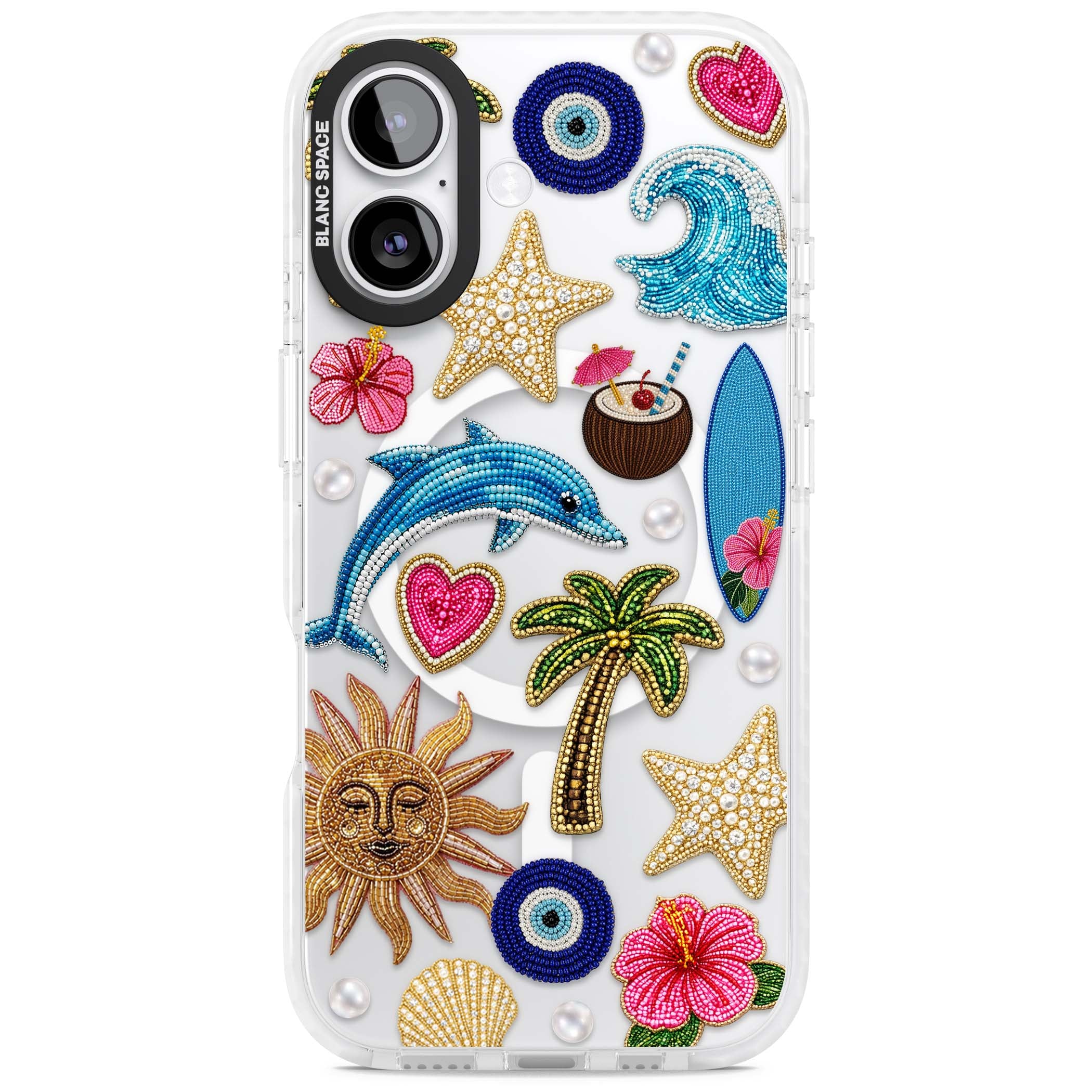 Beaded Beach coastal summer iPhone case featuring embroidered evil eye, hibiscus flowers, dolphin and palm tree patches | Impact Magsafe case for iPhone 17
