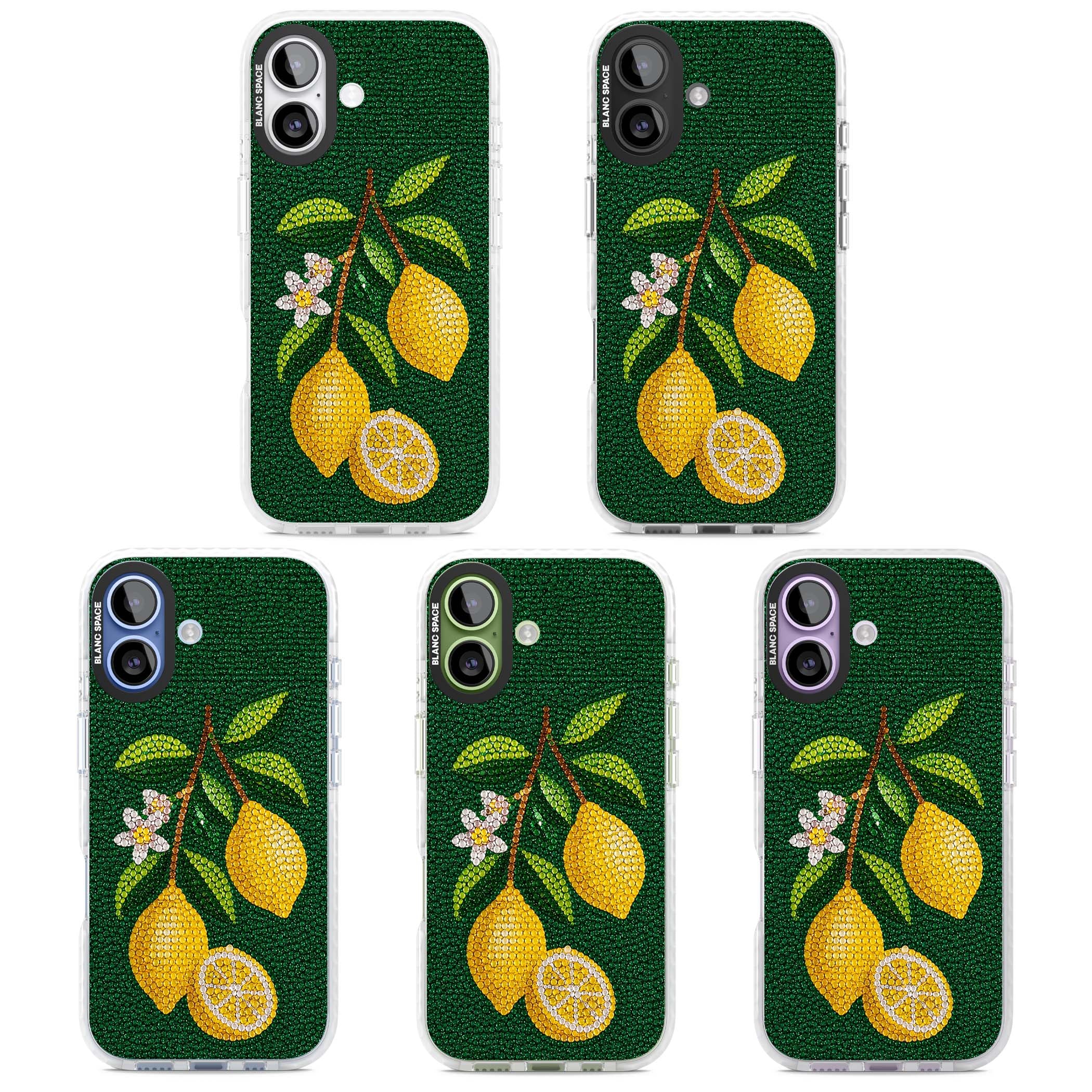 Beaded Lemons coastal iPhone case featuring crystal-beaded lemons, citrus blossom and green leaves on emerald ground | Impact Magsafe case for iPhone 17