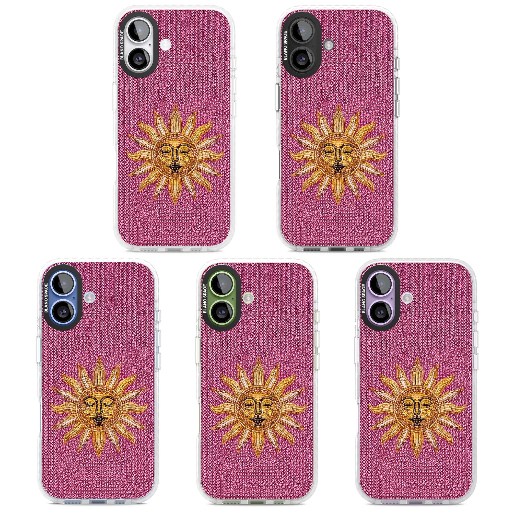 Beaded Sun celestial iPhone case featuring a golden beaded sun face with radiant rays on hot pink beaded background | Impact Magsafe case for iPhone 17