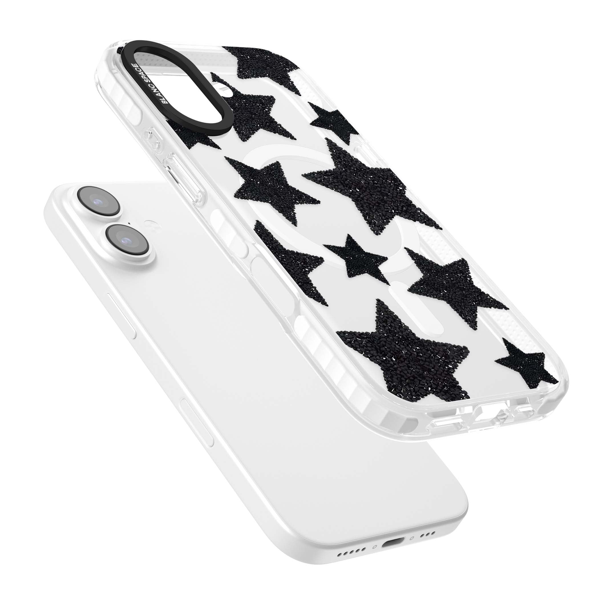 Beaded Black Stars celestial iPhone case featuring black glitter beaded stars scattered on a clear background | Impact Magsafe case for iPhone 17