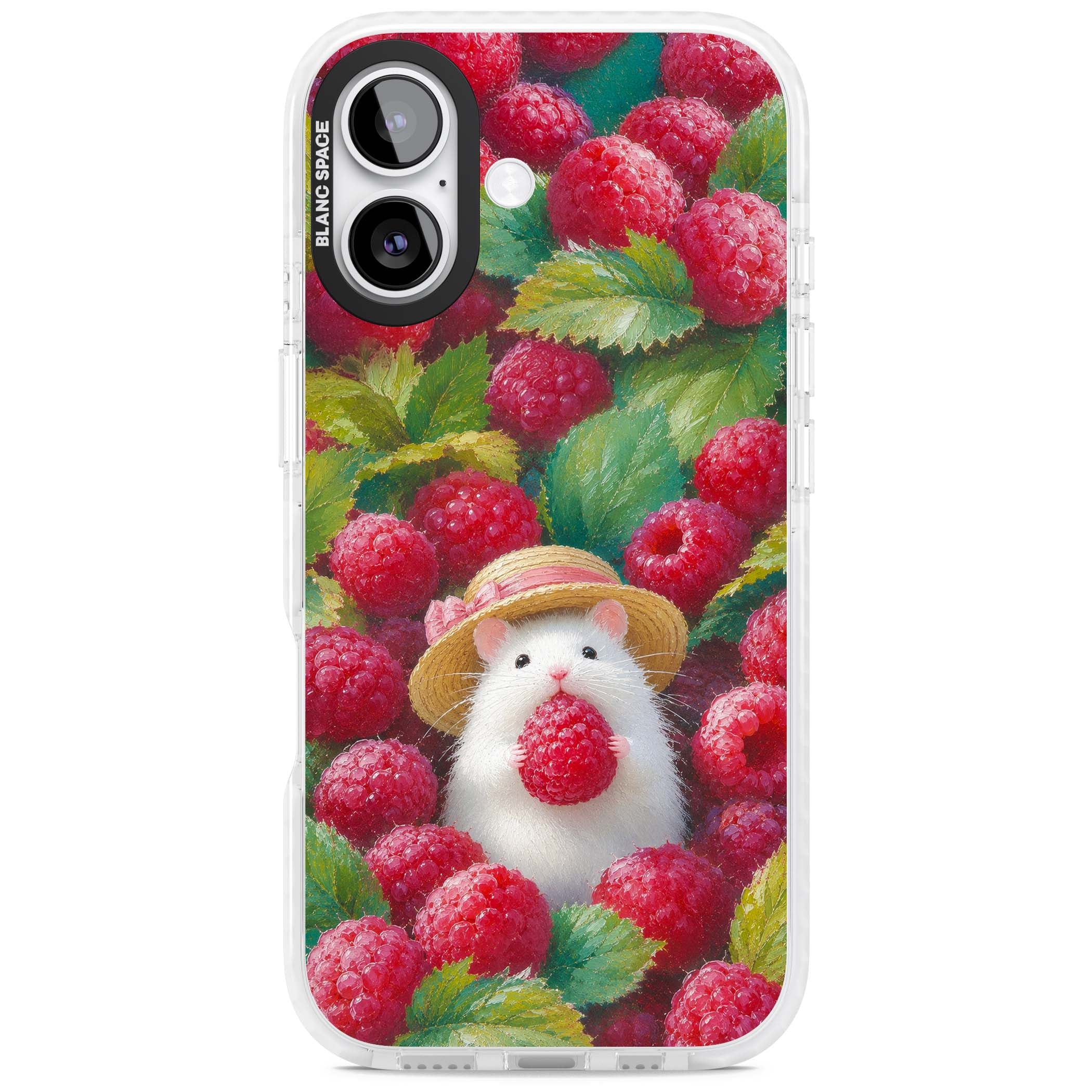 Berry Forager cottagecore iPhone case featuring a white hamster in a straw hat holding a raspberry surrounded by ripe ber | Impact Magsafe case for iPhone 17
