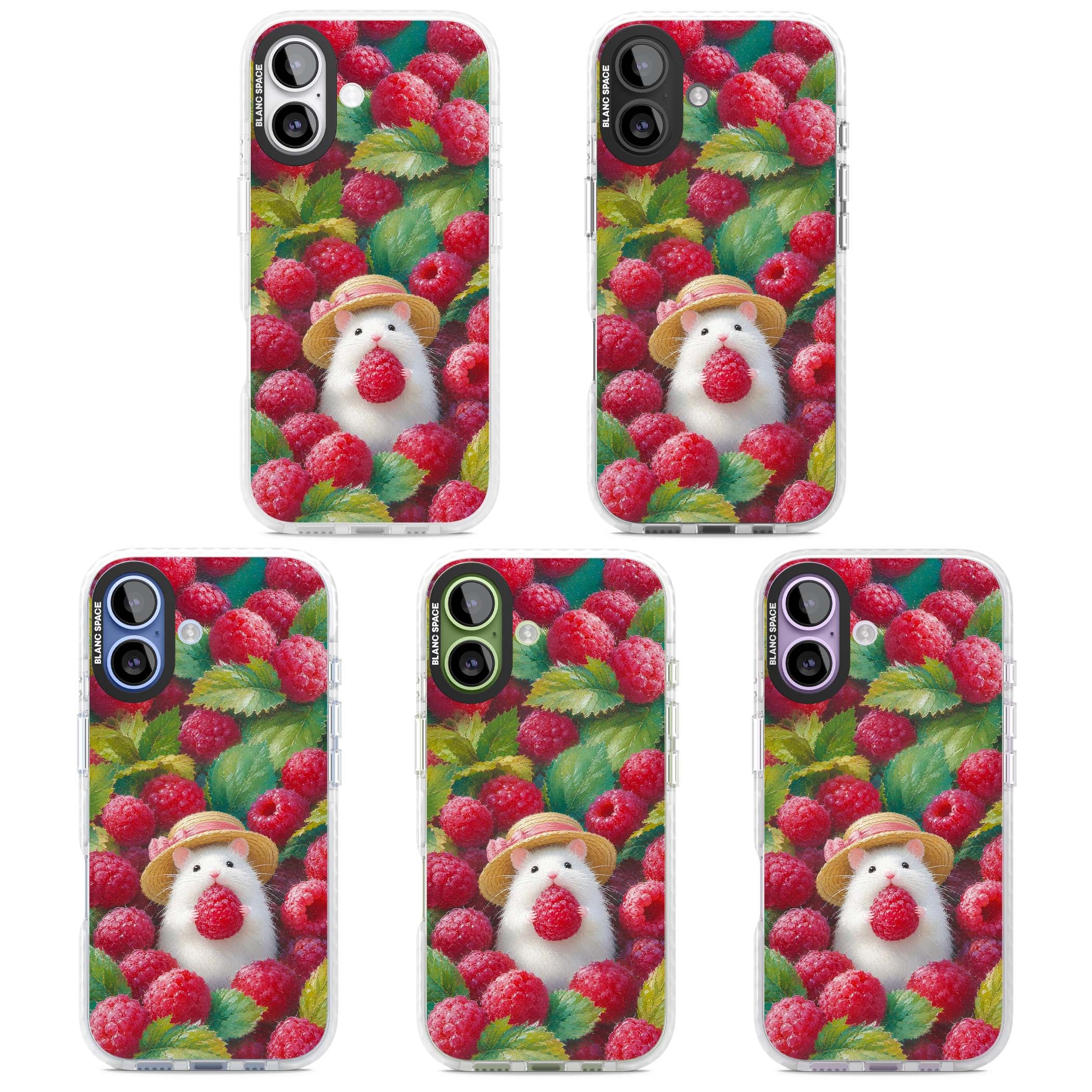 Berry Forager cottagecore iPhone case featuring a white hamster in a straw hat holding a raspberry surrounded by ripe ber | Impact Magsafe case for iPhone 17
